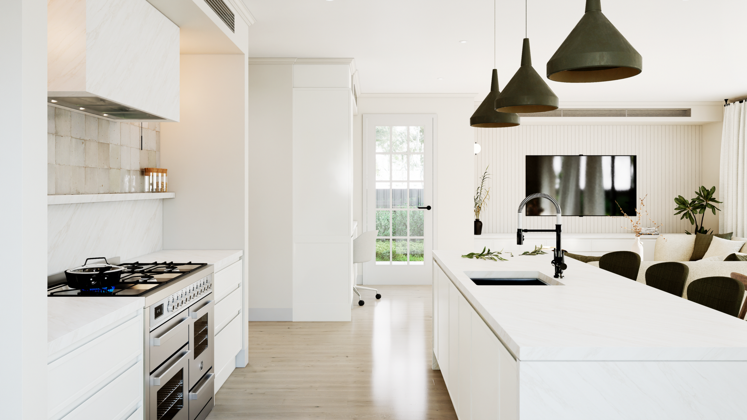 Photorealistic kitchen render with island, gooseneck tap, and pendant lights, Adelaide interior, rendered by Sinan Designs
