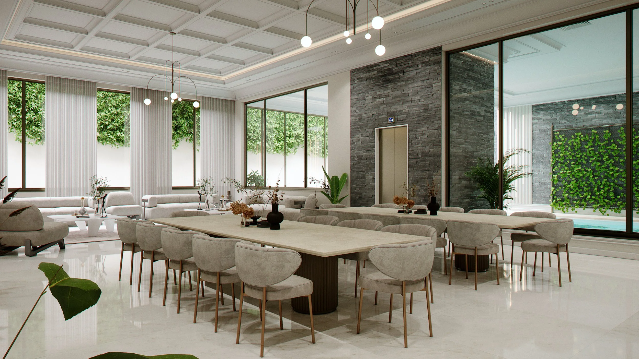 Photorealistic dining and entertaining area render for a luxury residential design in Kuwait