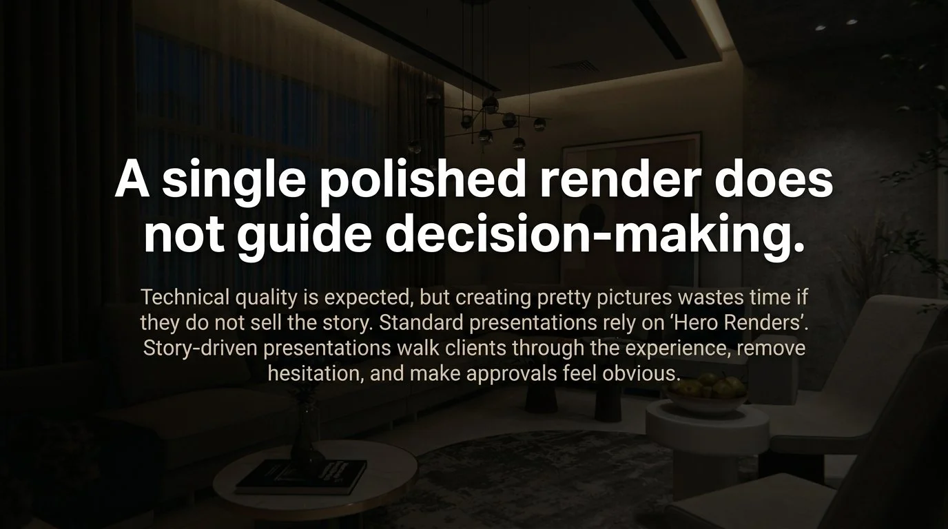 Cinematic evening lighting in a photorealistic 3D interior render demonstrating material quality and atmosphere