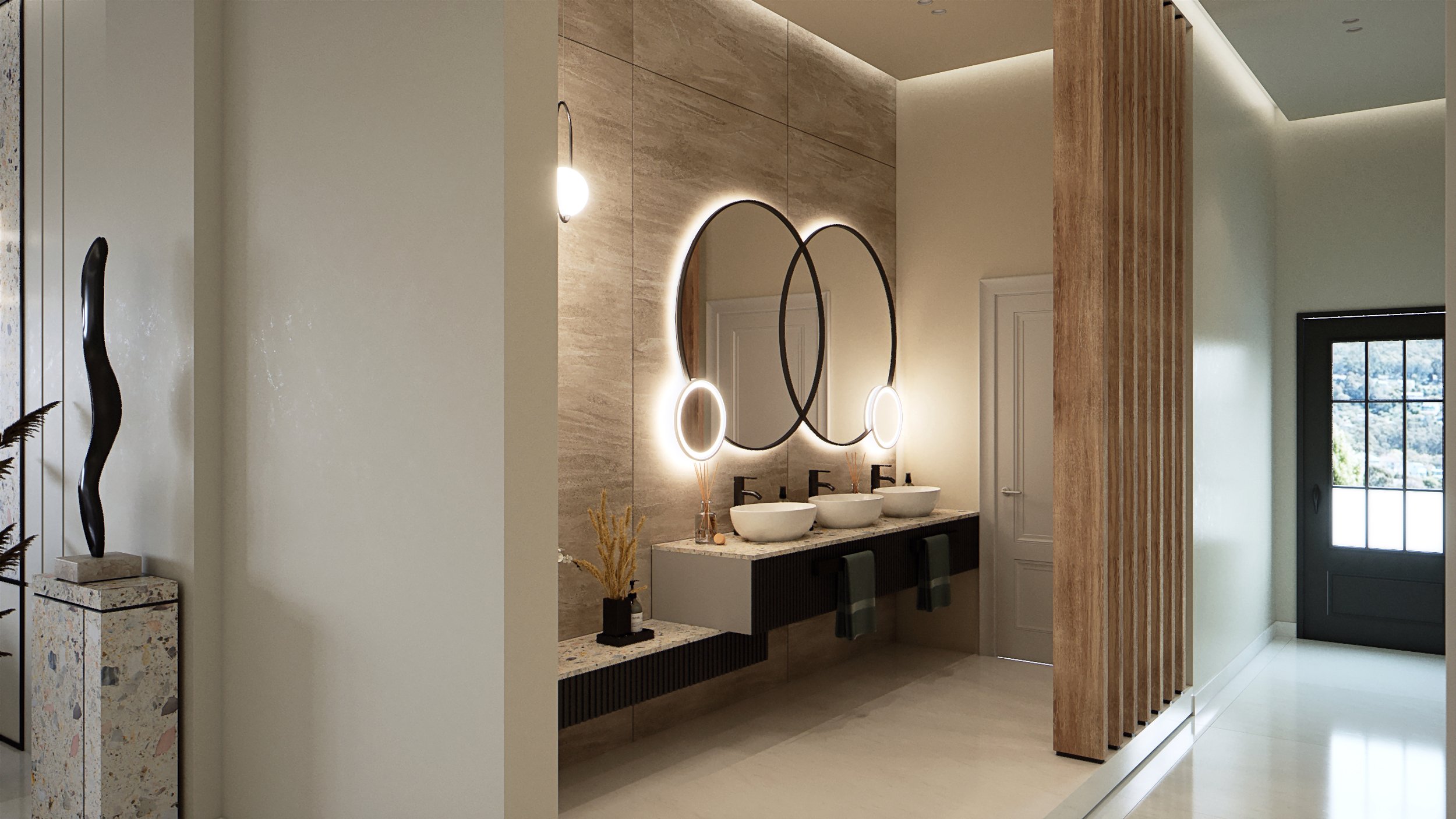 Powder room with interlocking circular backlit mirrors and timber slat screen, photorealistic interior visualisation