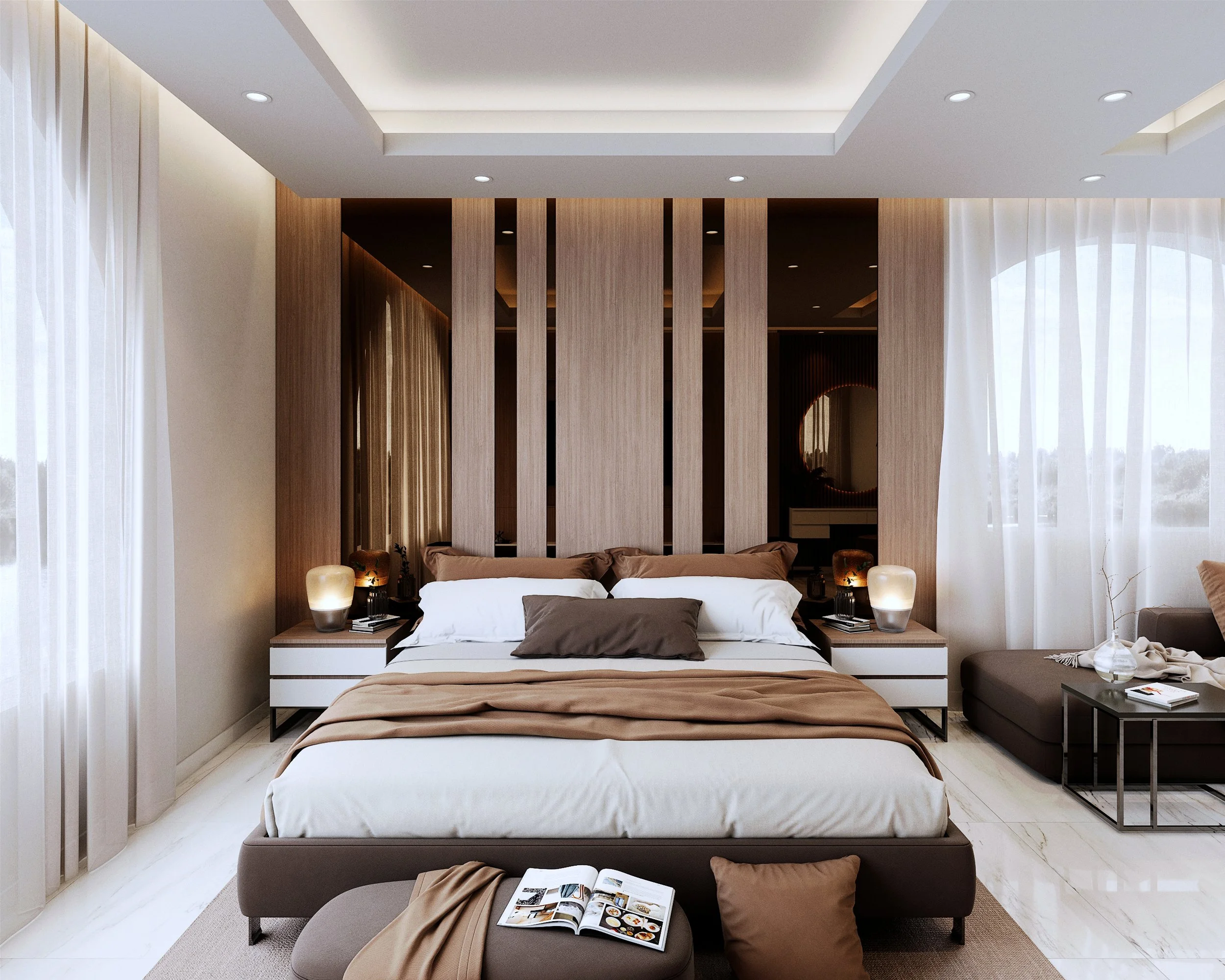Front-facing bedroom render with upholstered bed, timber slat wall and soft ambient lighting
