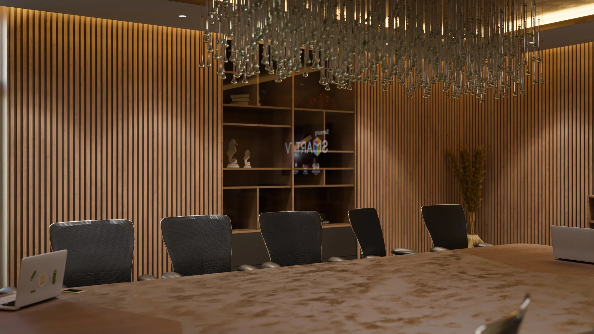 Boardroom interior render showing seating arrangement and ambient lighting detail. Rendered by Sinan Designs.