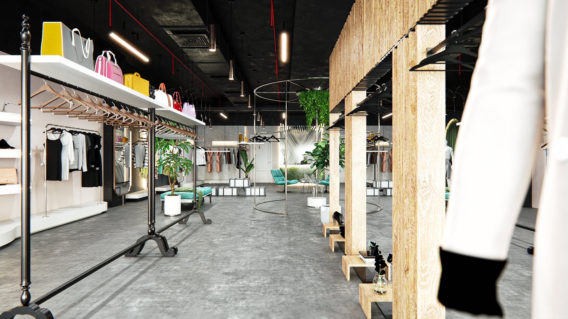 Photorealistic retail store render showing lounge seating and circulation within the boutique