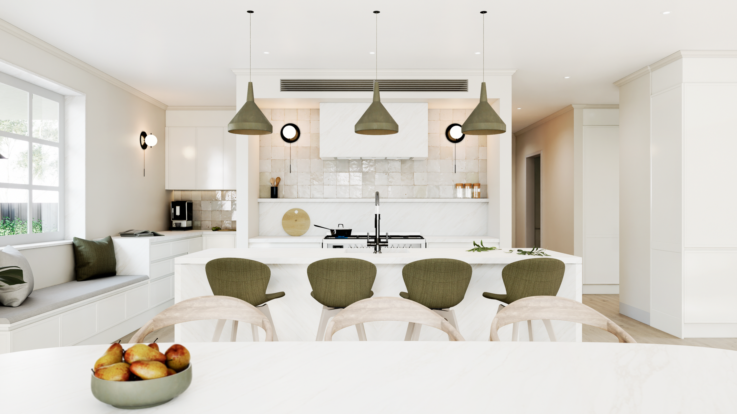 Photorealistic open-plan kitchen render with island bench and pendant lighting, Adelaide interior, rendered by Sinan Designs