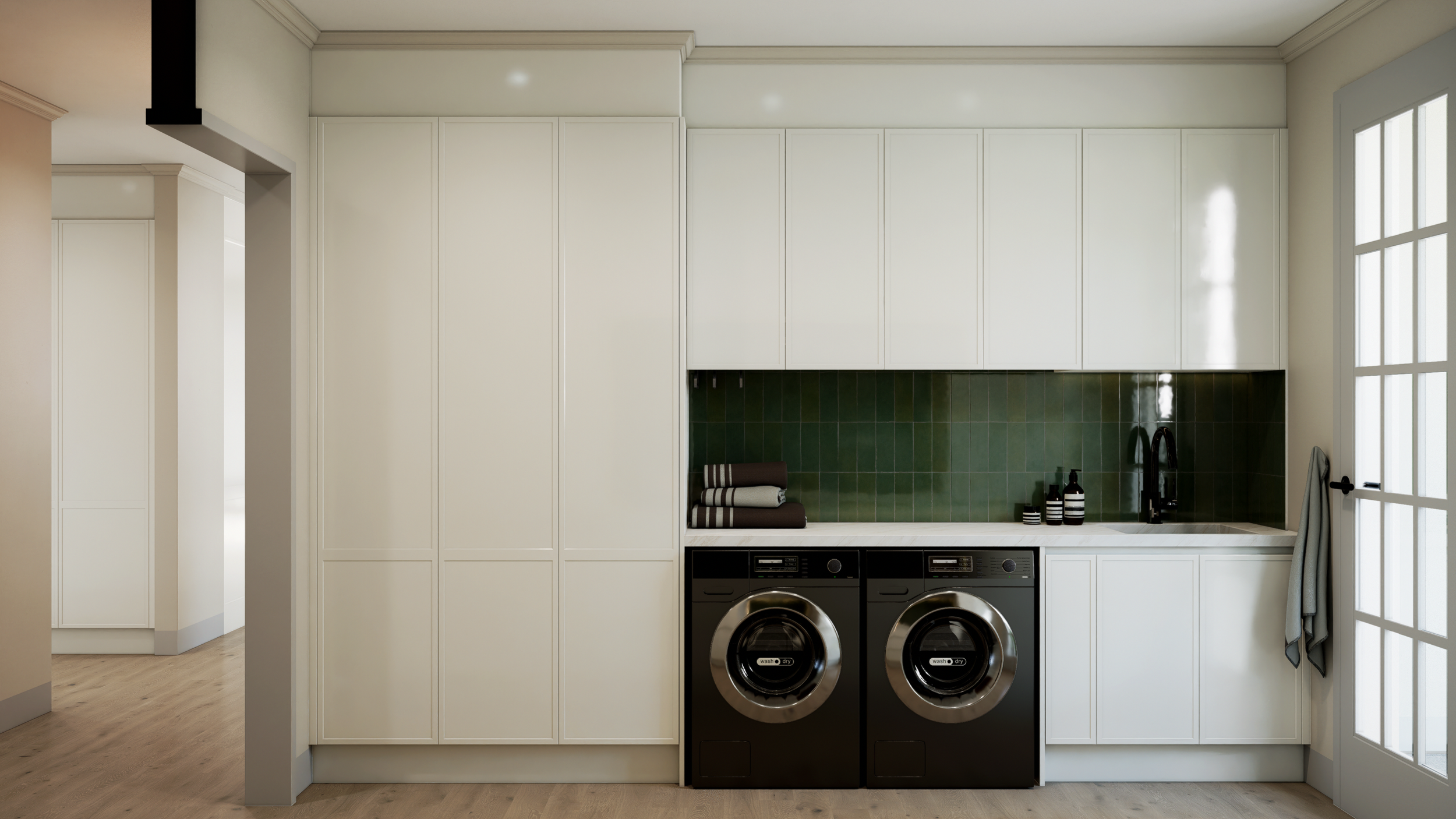 Photorealistic laundry render with custom cabinetry and appliances, Adelaide interior, rendered by Sinan Designs