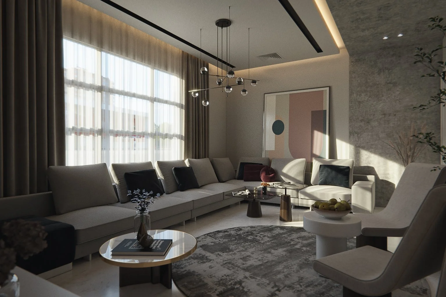 Wide-angle photorealistic render of a modern classic Adelaide living room with floor-to-ceiling windows, large sectional sofa, abstract artwork, and layered pendant chandelier — residential 3D visualisation by Sinan Designs