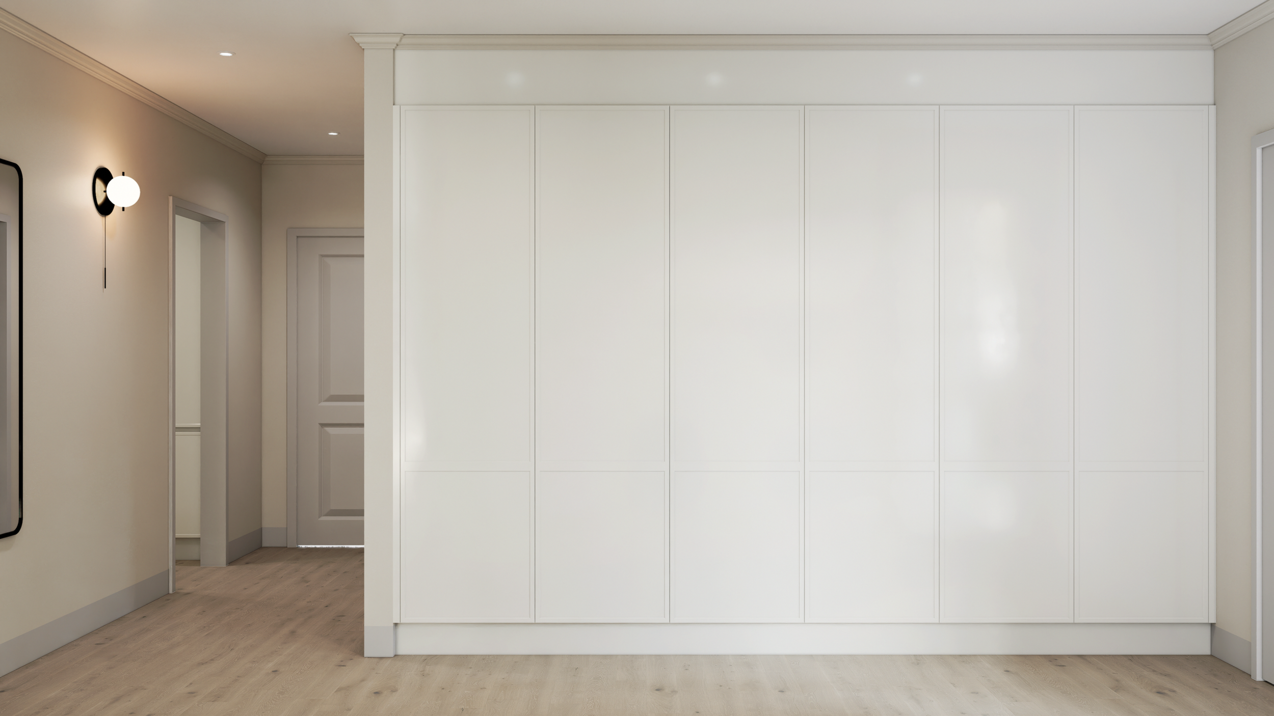 Photorealistic hallway render with panelled walls and wall sconce, Adelaide interior, rendered by Sinan Designs