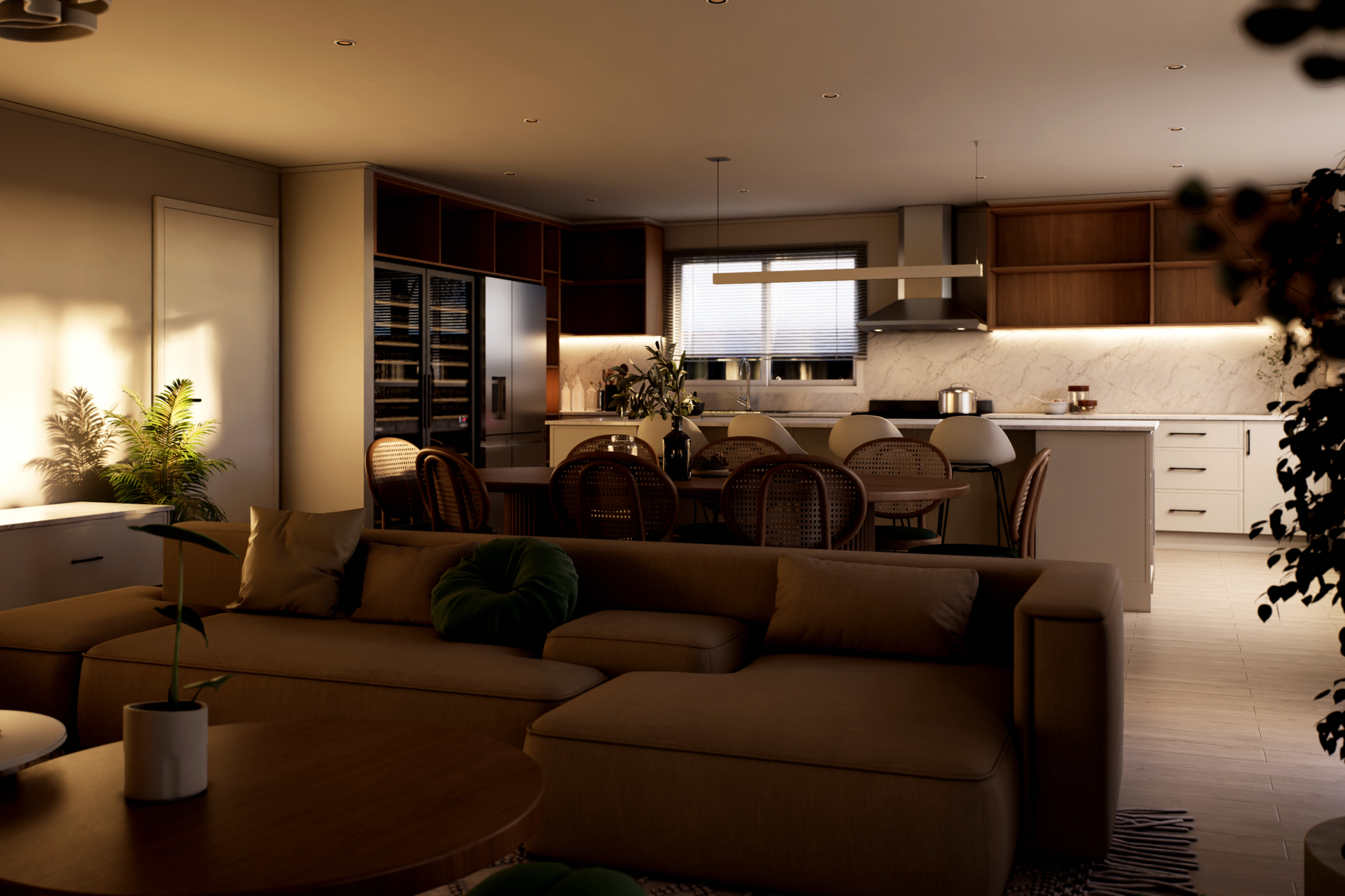 Photorealistic 3D render of a premium open-plan residential interior under warm dusk ambient lighting. Interior downlights and under-cabinet strip lighting activated. Warm colour temperature around 3000K. Adelaide. Rendered by SinanDesigns.