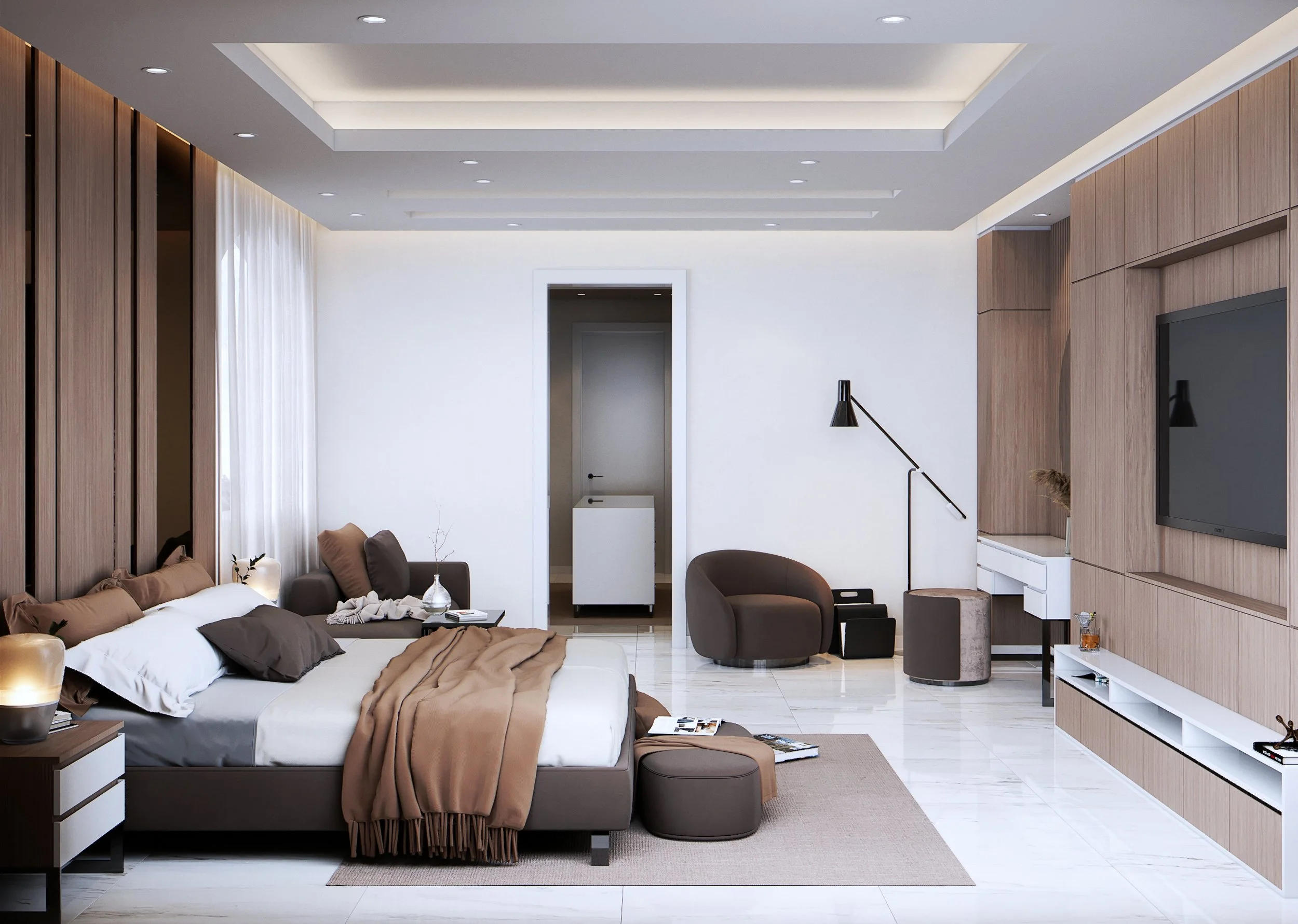 Master suite TV wall visualisation with full-height timber joinery and integrated storage