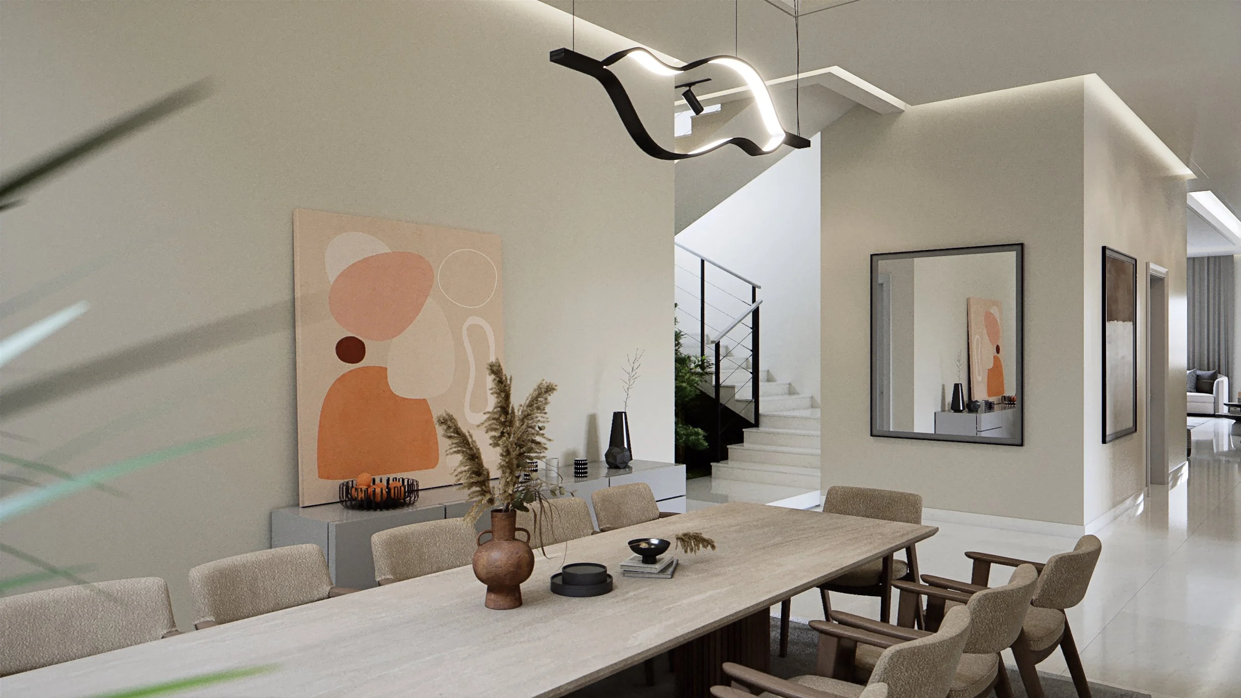 Dining room with organic wave pendant, travertine table and bouclé chairs, luxury residential interior visualisation