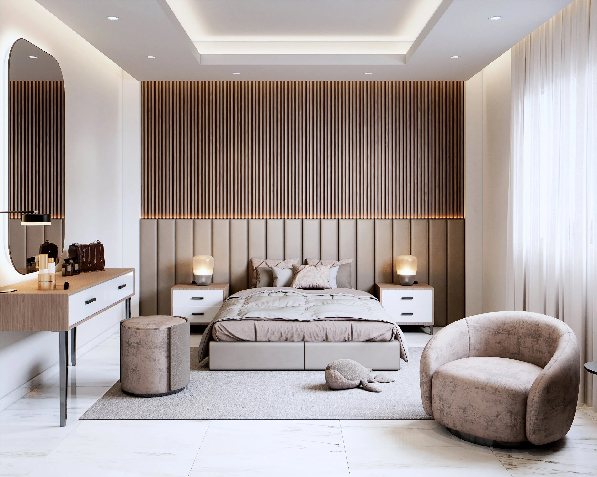 Secondary bedroom angle showing bed styling, timber wall feature and soft natural light