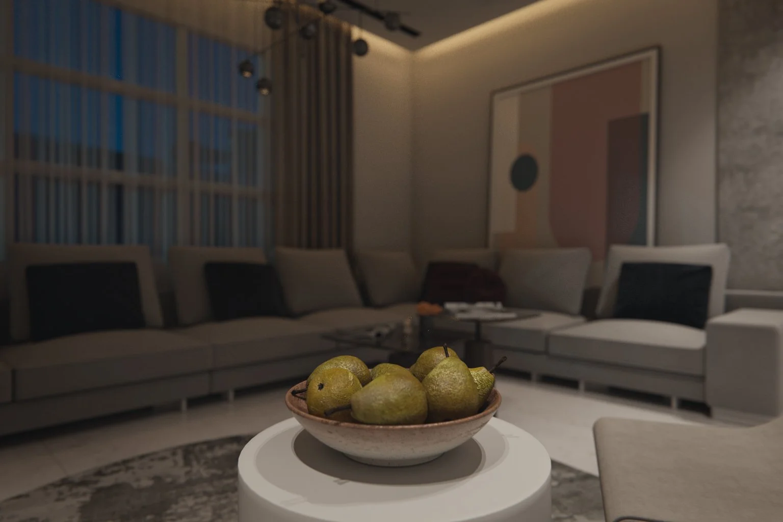 Interior detail render of a fruit bowl on a side table with the living room softly blurred in the background