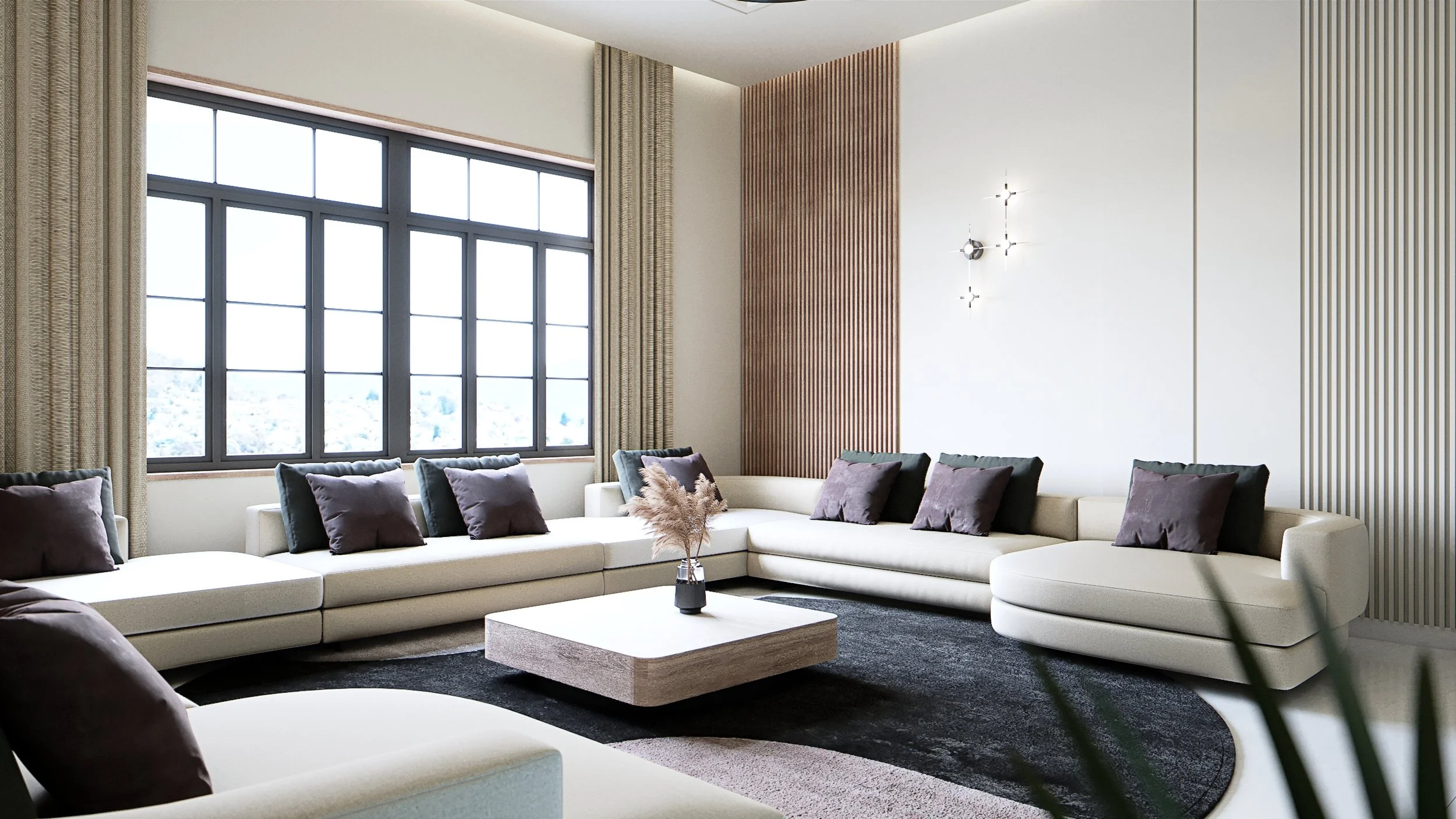 Intimate living area with cream sectional sofa, plum cushions and dark circular rug, residential interior visualisation