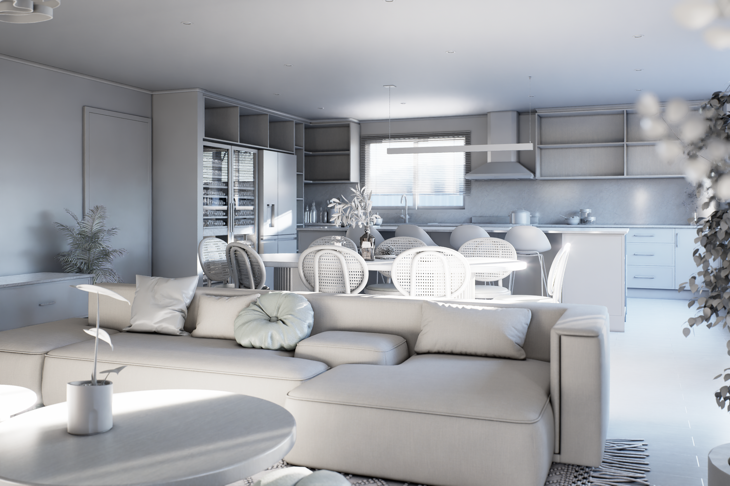 Clay render of the same open-plan residential interior under Studio HDR lighting. All materials removed to reveal the lighting structure and spatial hierarchy. Rendered by SinanDesigns in D5 Render