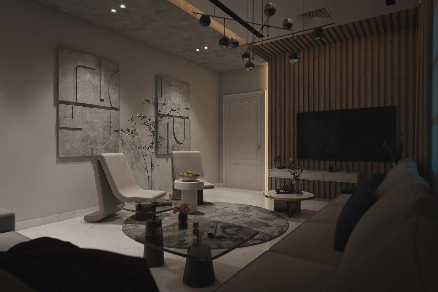 Night 3D render of an Adelaide living room interior with sculptural curved chairs, bas-relief concrete wall panels and warm recessed ceiling lighting — residential visualisation by Sinan Designs