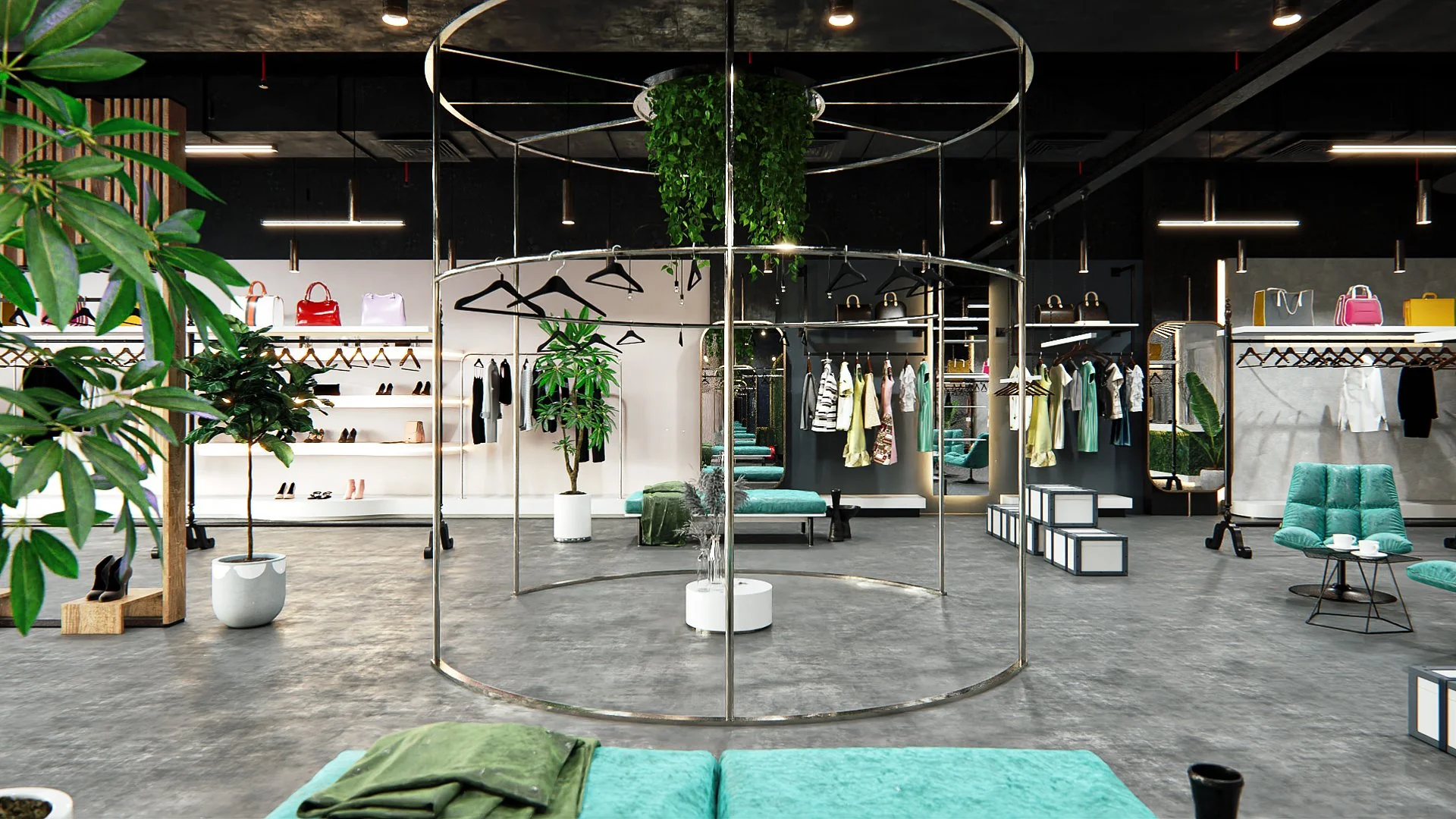 Retail interior visualisation showing display walls, hanging rails and central browsing area