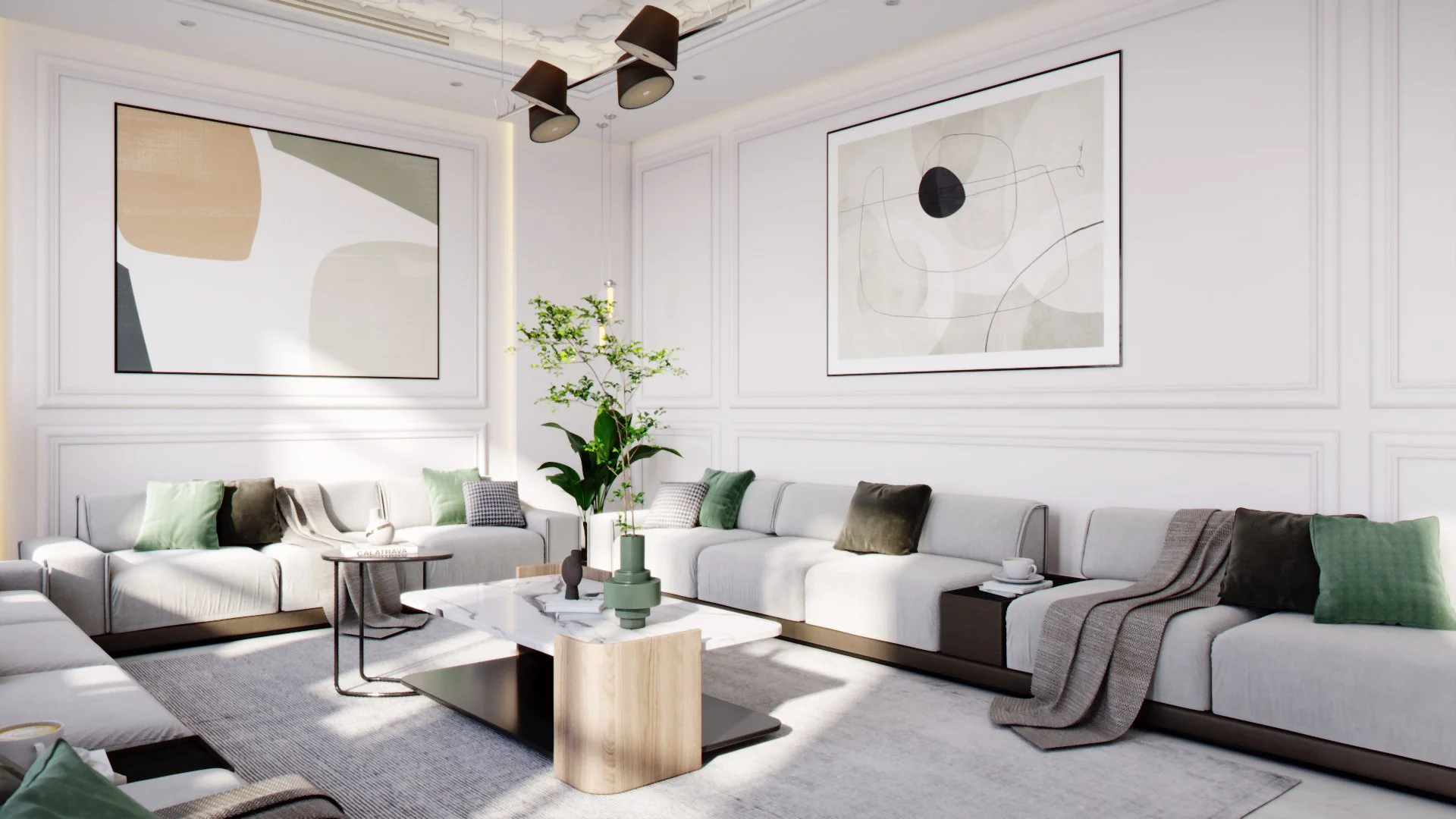 Modern living room with white walls, abstract artwork, large white sectional sofa with green and dark throw pillows, a white coffee table with green vases, and a potted plant, illuminated by natural light.