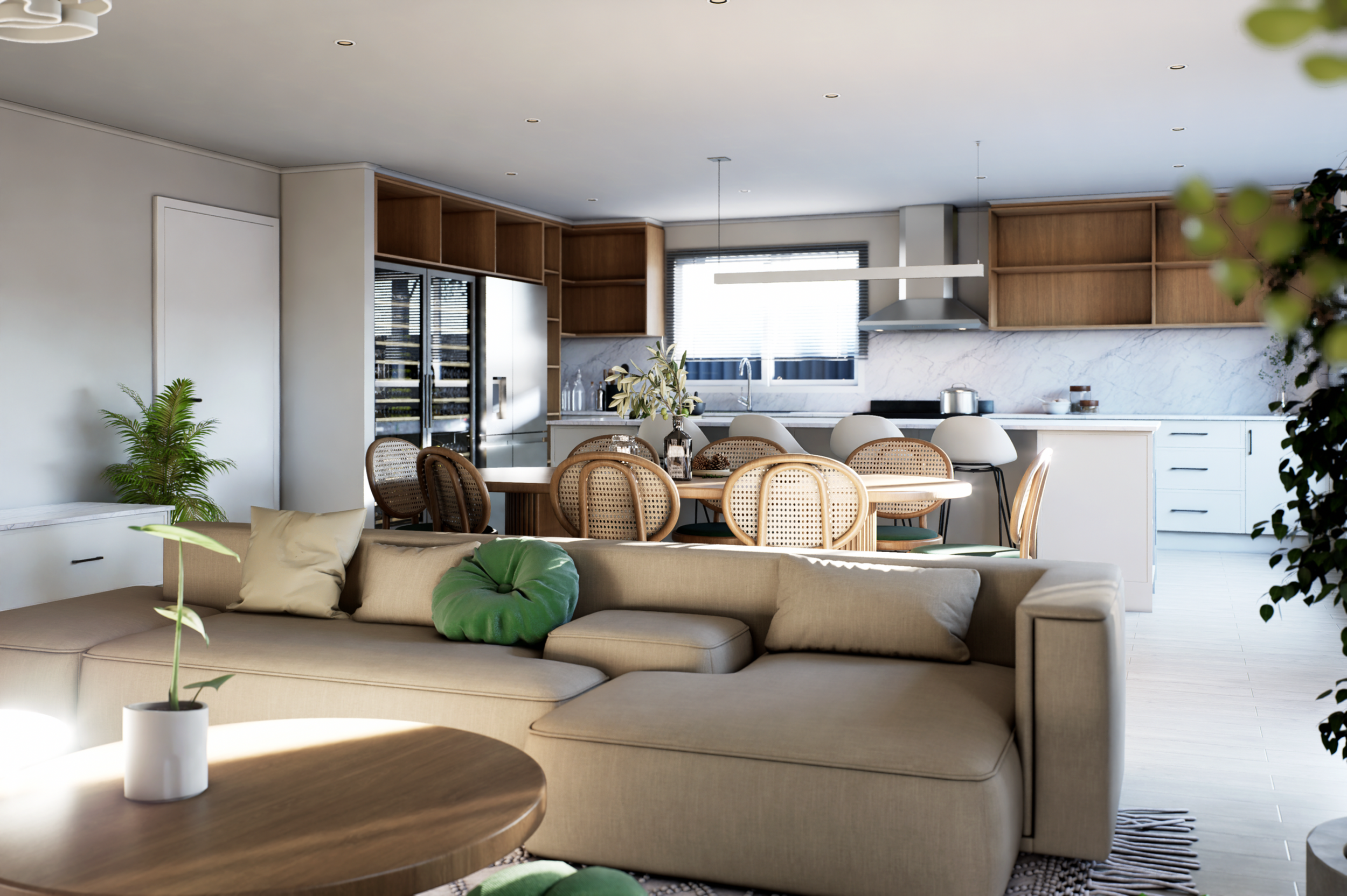 Photorealistic 3D render of a premium open-plan residential interior under neutral Studio HDR lighting. Warm timber joinery, marble splashback, rattan dining chairs, and sectional sofa in beige. Adelaide. Rendered by SinanDesigns
