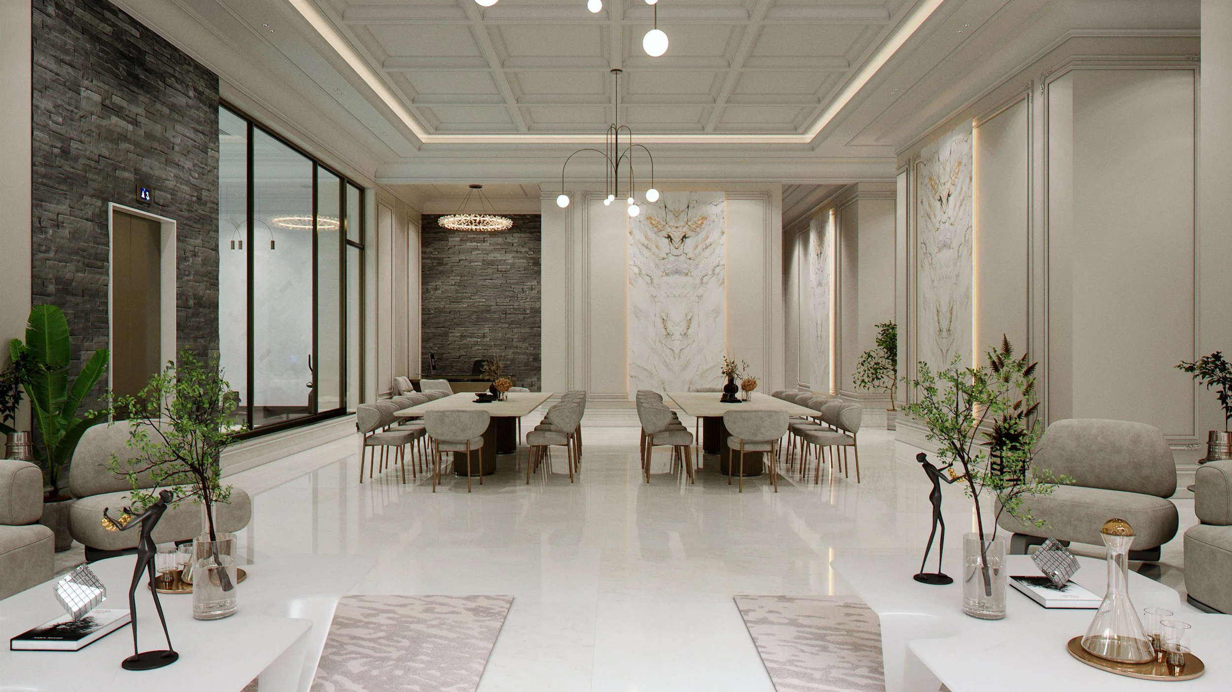 Photorealistic luxury residential interior visualisation in Kuwait showing the open living and dining area