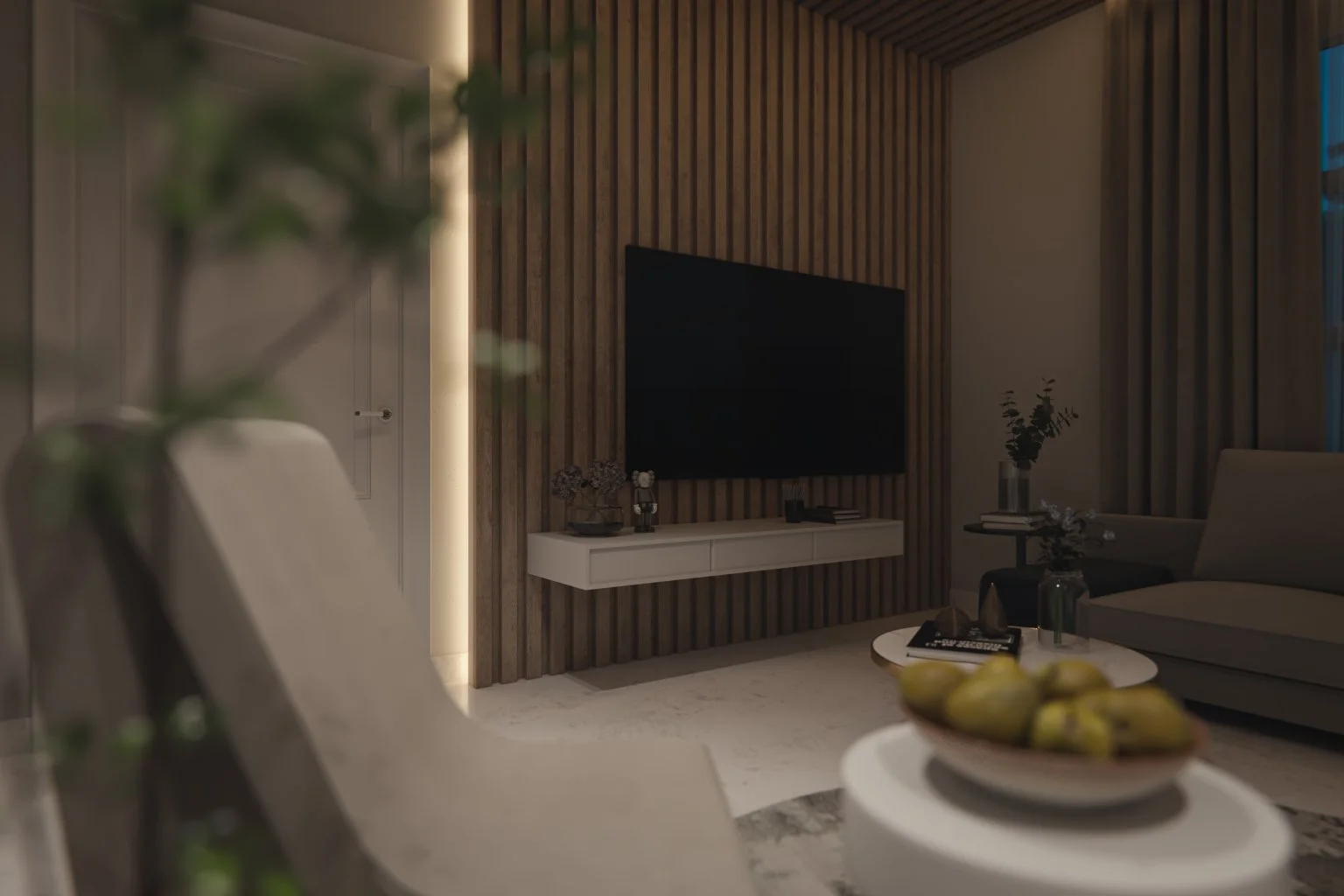 Night detail render of a backlit timber slat feature wall with floating TV unit, warm internal glow and city lights visible through the window — 3D interior visualisation for an Adelaide residential project by Sinan Designs