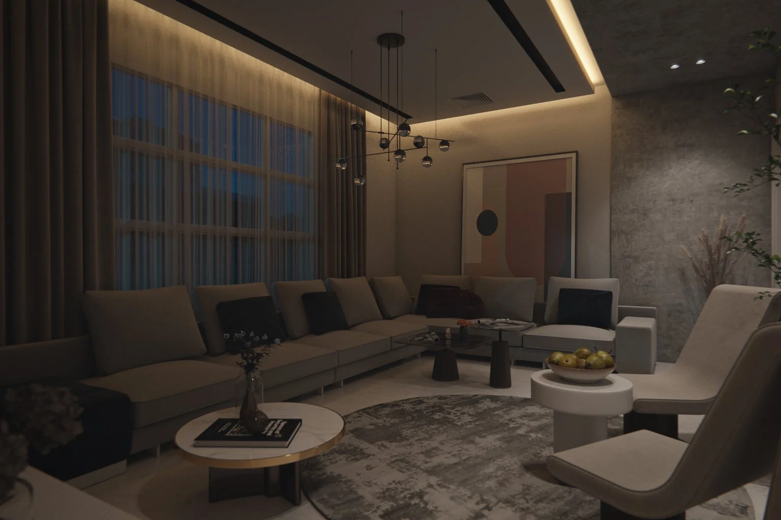 Evening photorealistic render of a modern classic Adelaide living room with sectional sofa, warm ceiling strip lighting, city view through floor-to-ceiling windows and chandelier — night visualisation by Sinan Designs
