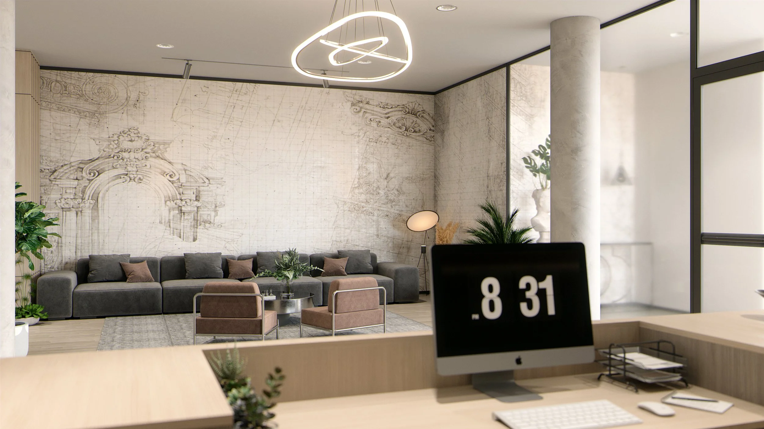 Built-in workstation nook render within a renovated hotel lobby interior