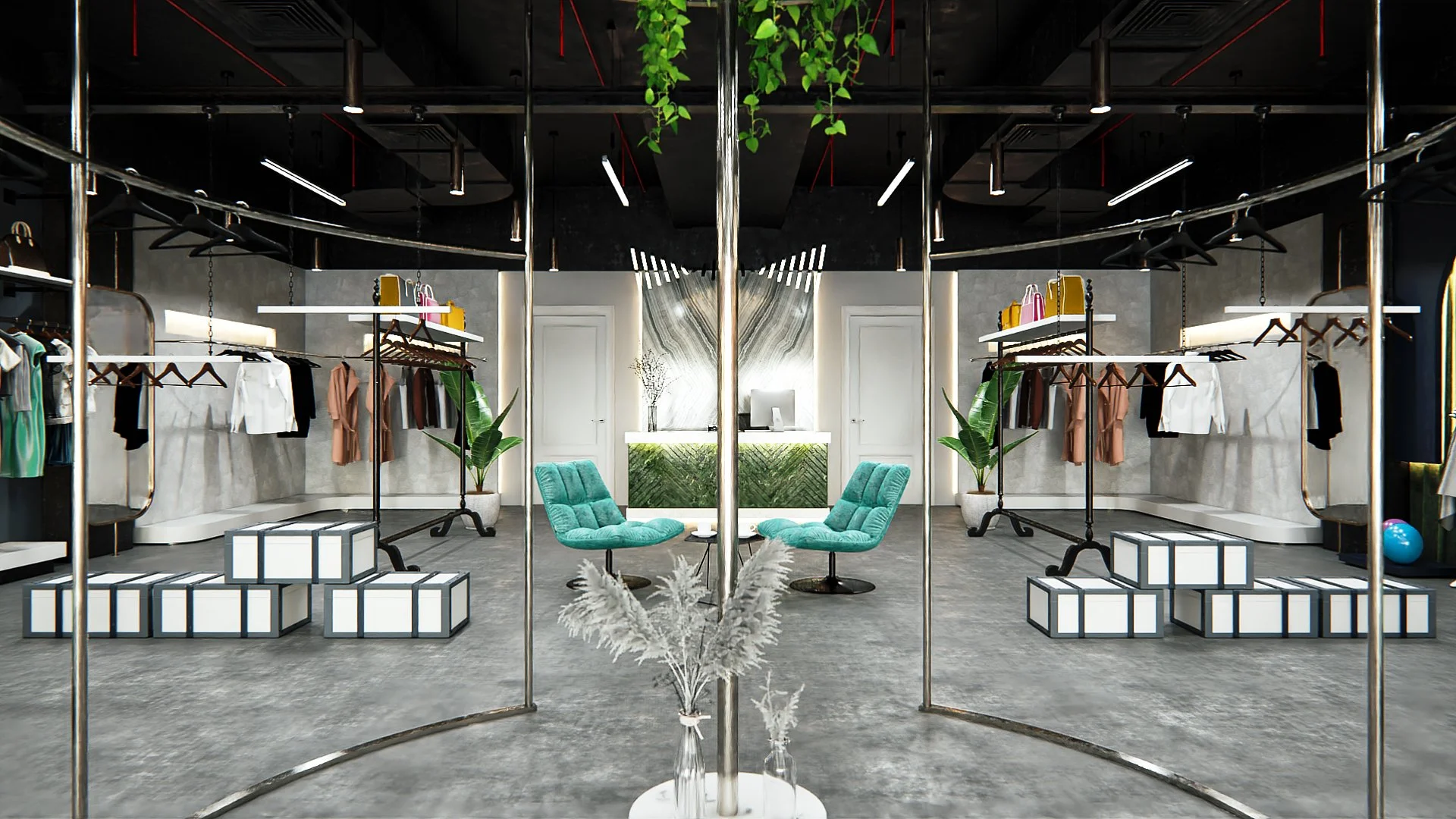 View toward the boutique reception and fitting area within a photorealistic retail design render