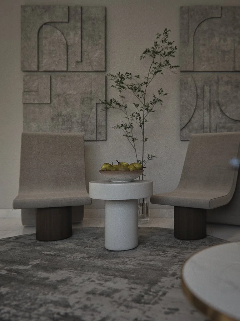 Close-up 2 3D render detail of two curved lounge chairs and a round side table set against bas-relief concrete wall panels — interior visualisation for an Adelaide private residential project by Sinan Designs