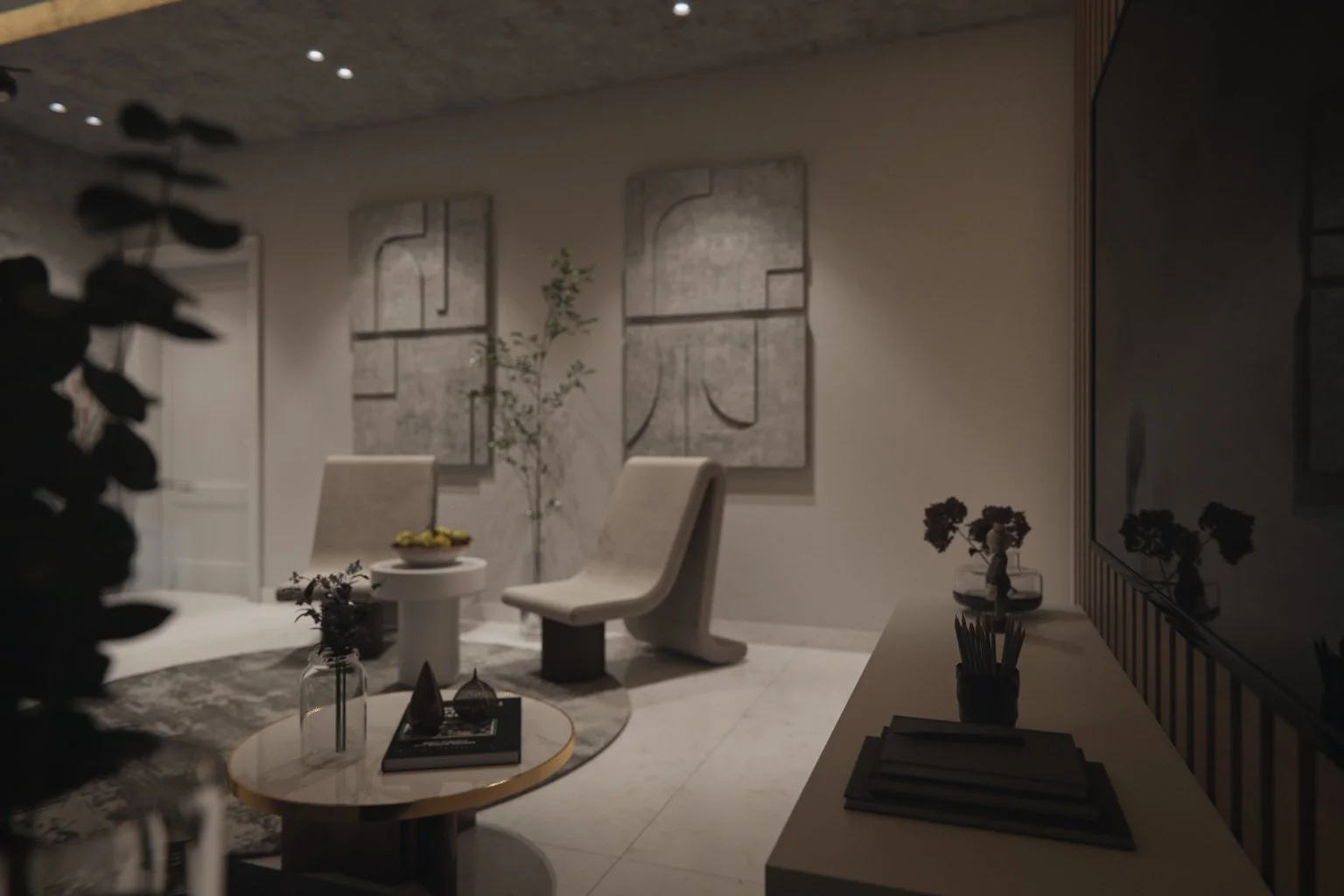 Night-time seating detail within a residential living room visualisation in Dubai