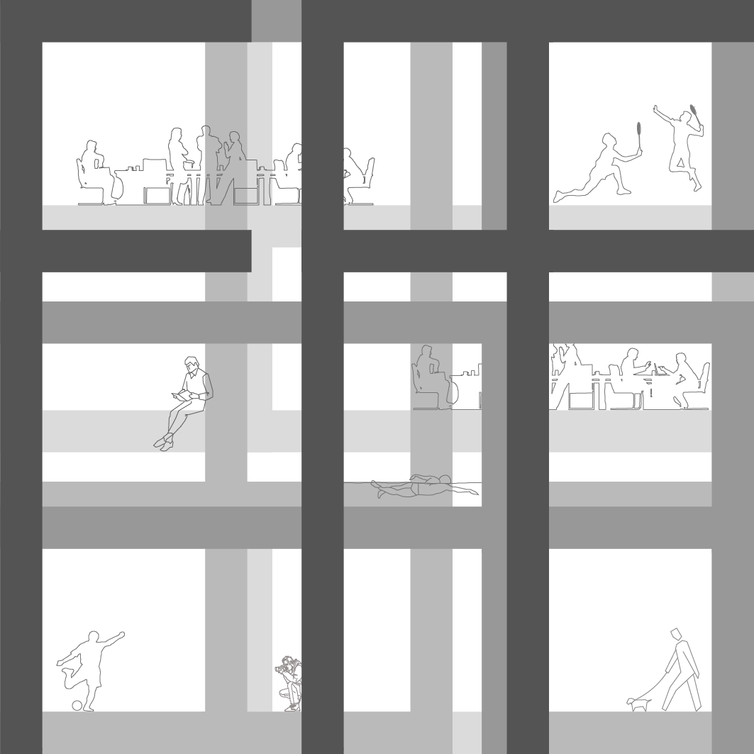 A black-and-white line drawing of a modern building with multiple stories, showing silhouettes of people engaging in various activities such as working at desks, reading, exercising, and using digital devices through the windows.