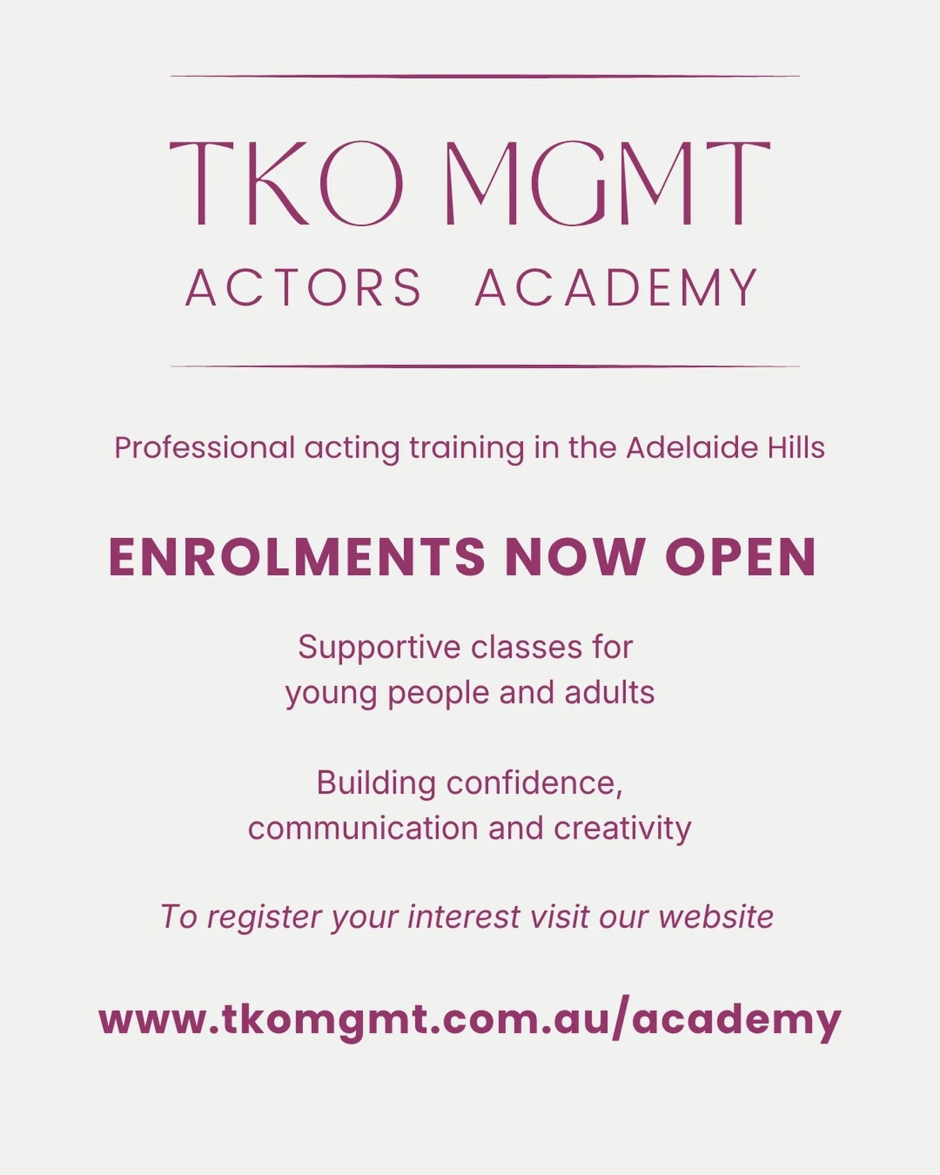 Hi everyone,

I&rsquo;m really excited to share something new&hellip;

I&rsquo;m launching TKO Actors Academy, a new acting training program based in the Adelaide Hills.

The Academy will offer supportive, craft-focused acting classes for young peopl