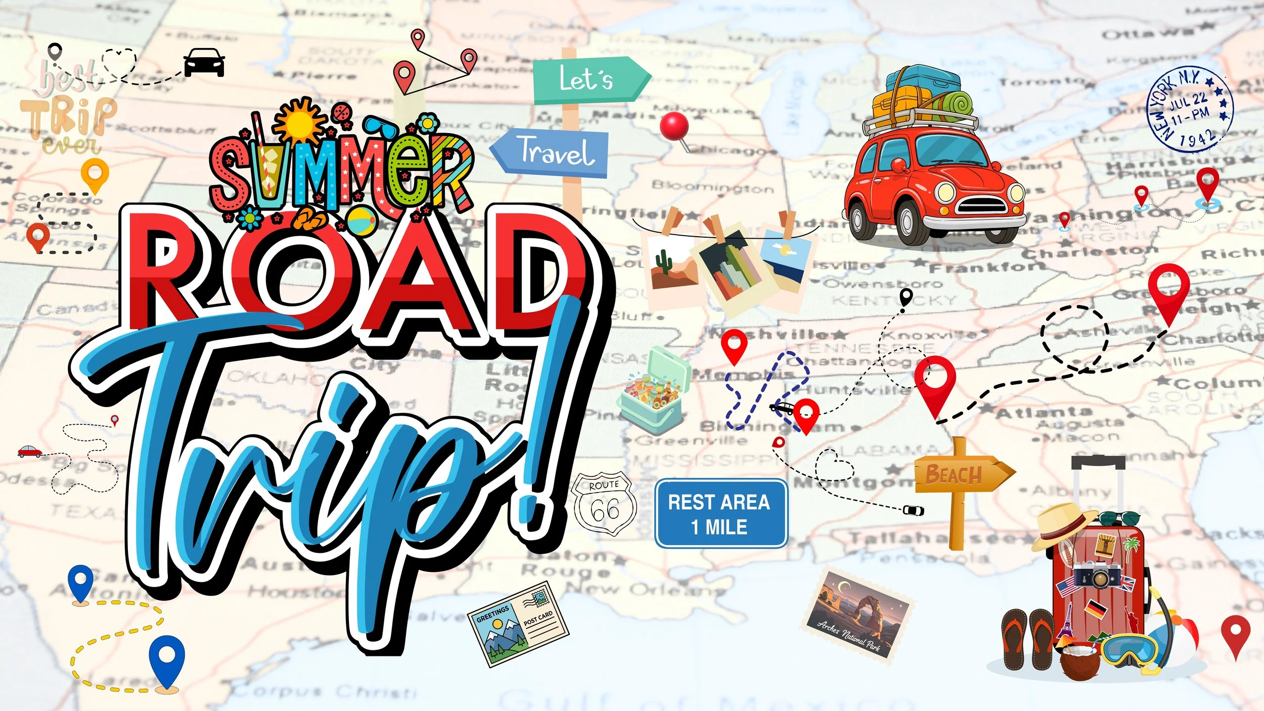 A colorful travel map featuring summer vacation symbols, a red car packed for a trip, and various markers indicating travel destinations and attractions across the United States.
