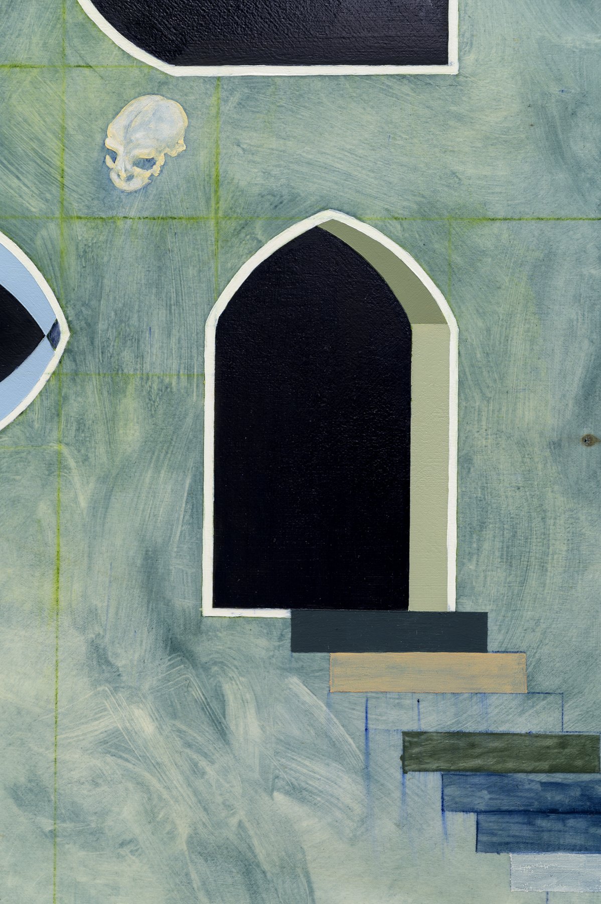 False Steps (detail), 2019. Oil on wooden board, 560 x 560 mm. Image courtesy of Aaron Christopher Rees.