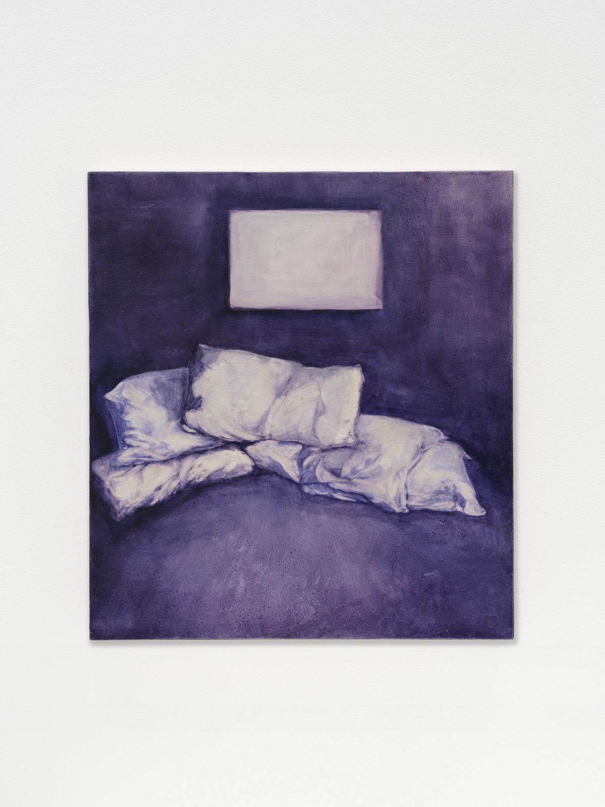 'Pillows under empty painting' 2026, oil on board, 300 x 330mm. Image curtesy of Lucy Foster