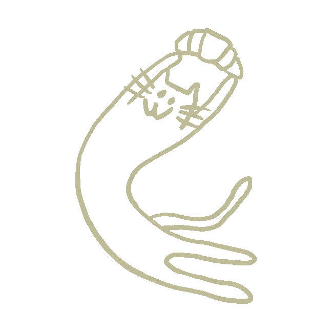 Line drawing of a cat holding a croissant.