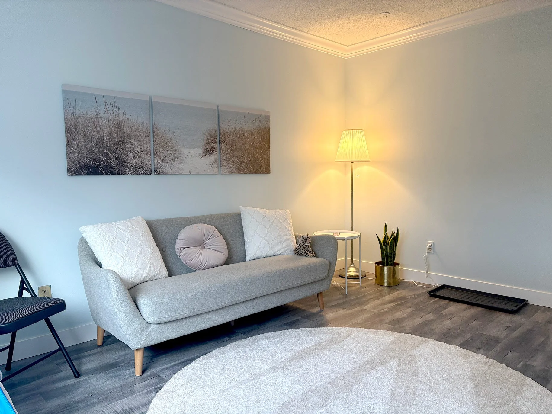 Counselling office space with a grey couch and circular rug that is warm and inviting.