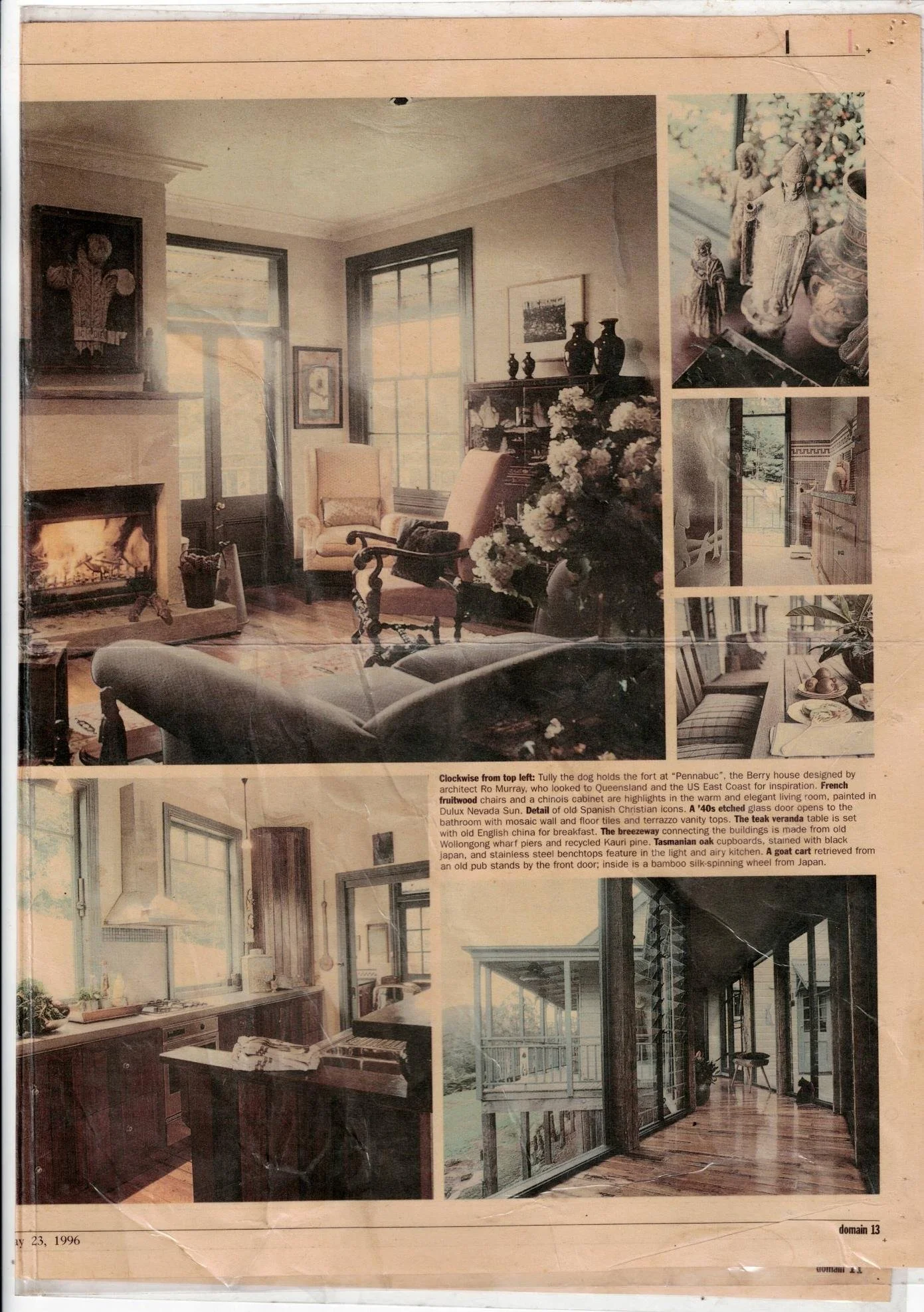 Vintage magazine page featuring a cozy living room with a fireplace, elegant furnishings, and decorative details, alongside a kitchen interior and a veranda view.
