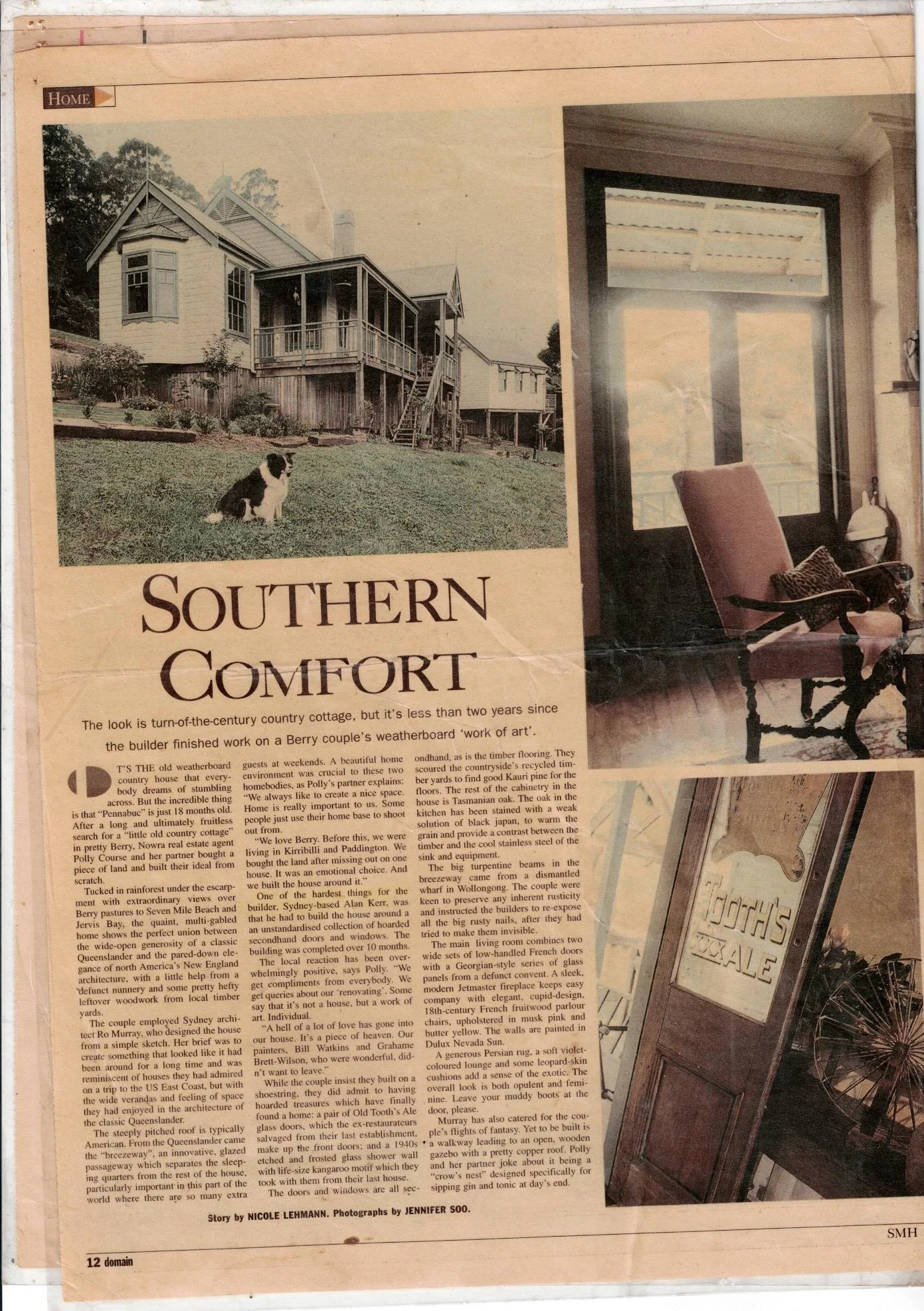 Magazine page featuring an article titled 'Southern Comfort,' showcasing a country cottage with a veranda, a dog on the lawn, and interior decor elements like a wooden chair and a vintage door inscribed with 'Tooth's Ale.'