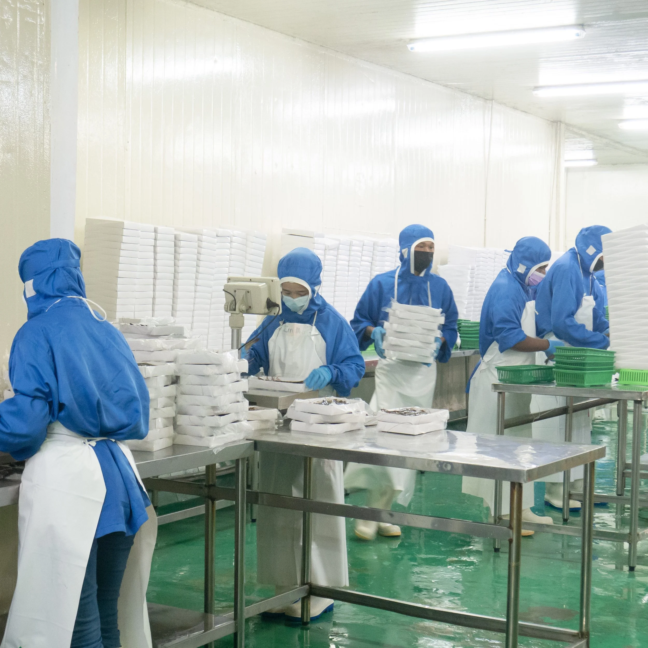 Workers in protective gear packaging food items in a commercial food processing facility.