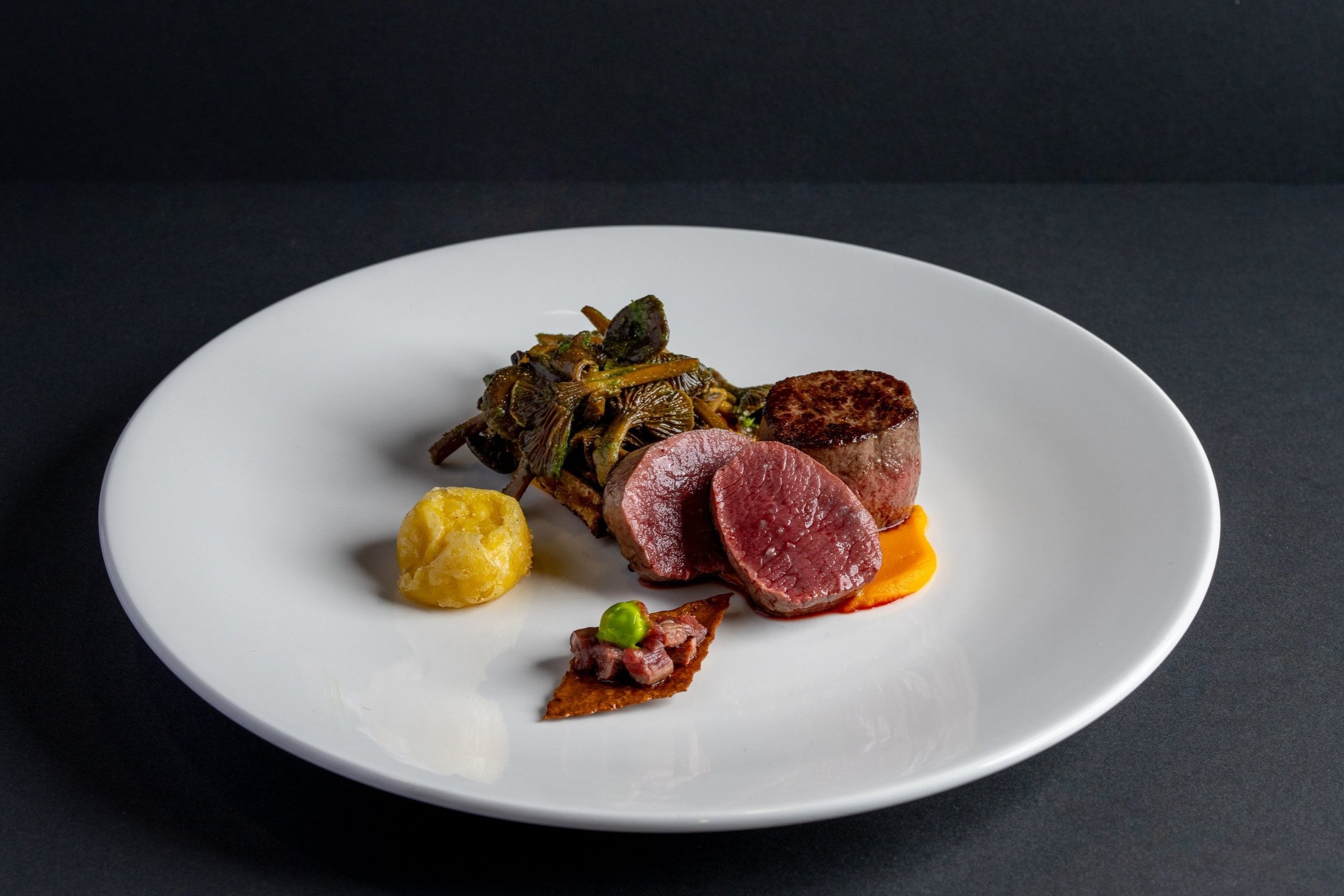 Noisette of wild borders Roe Deer, Sauce Poivrade &amp; Dauphine Potato