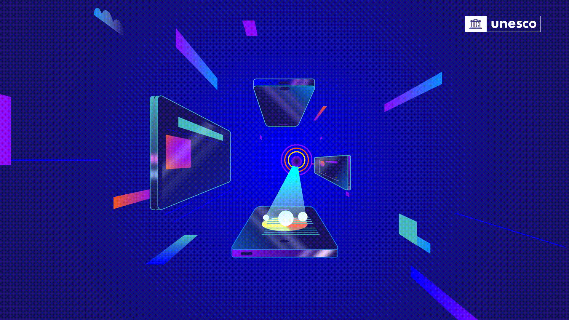 Ilustración digital de un teléfono móvil en el centro, proyectando un rayo láser hacia una pantalla, con otras pantallas flotando alrededor y el logotipo de UNESCO en la esquina superior derecha.