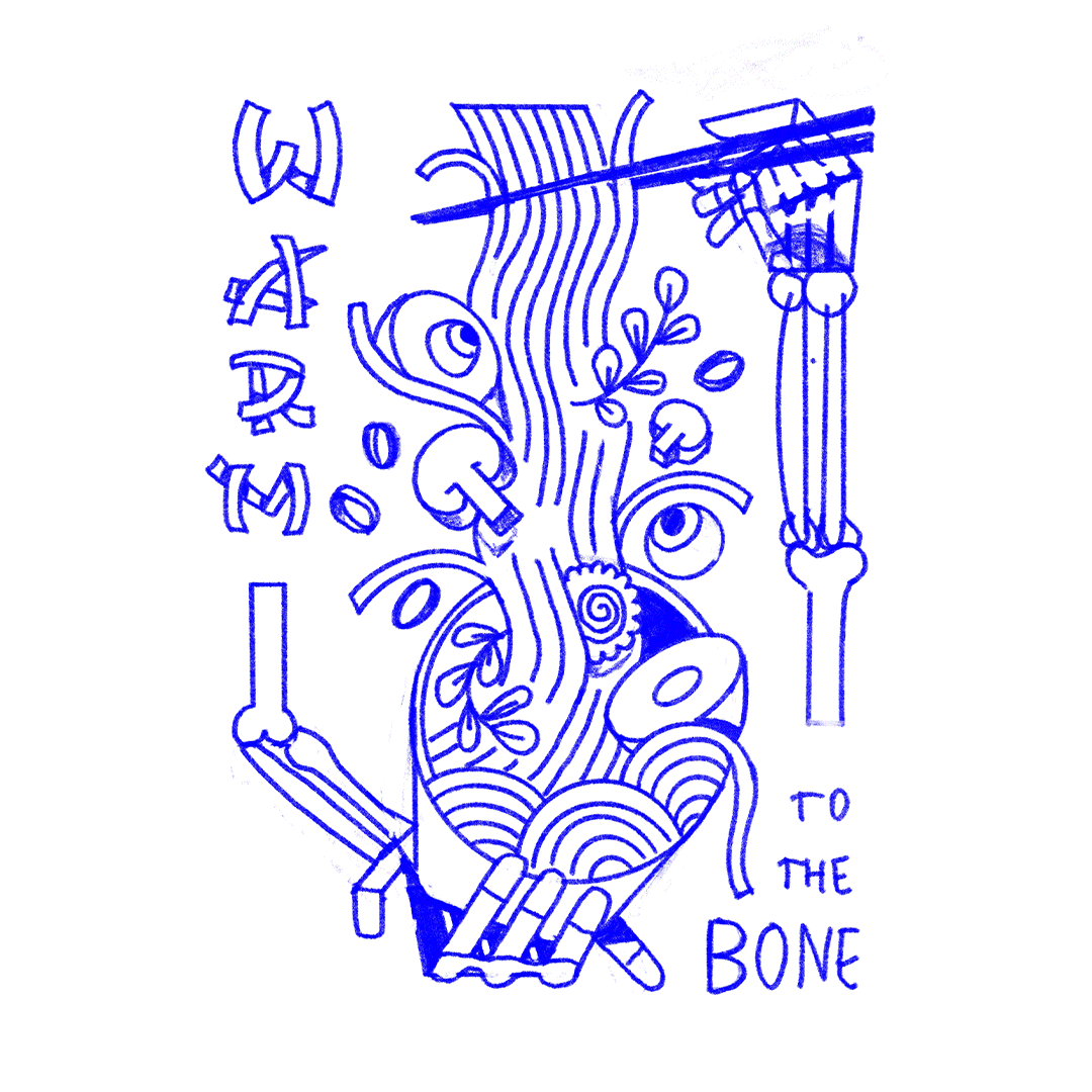 Process Creepy Ramen illustration by Salmorejo Studio – skeletal arms holding ramen bowl