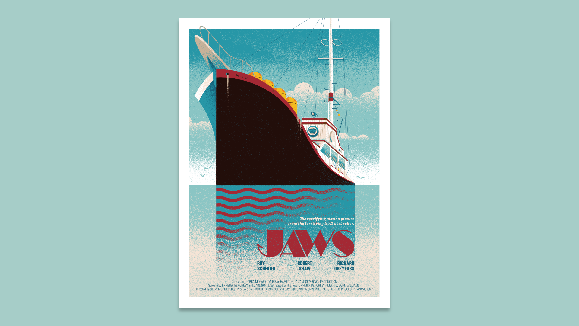 Editorial illustration inspired by art deco ship travel posters for the Jaws 50th anniversary art book, created in collaboration with Printed in Blood