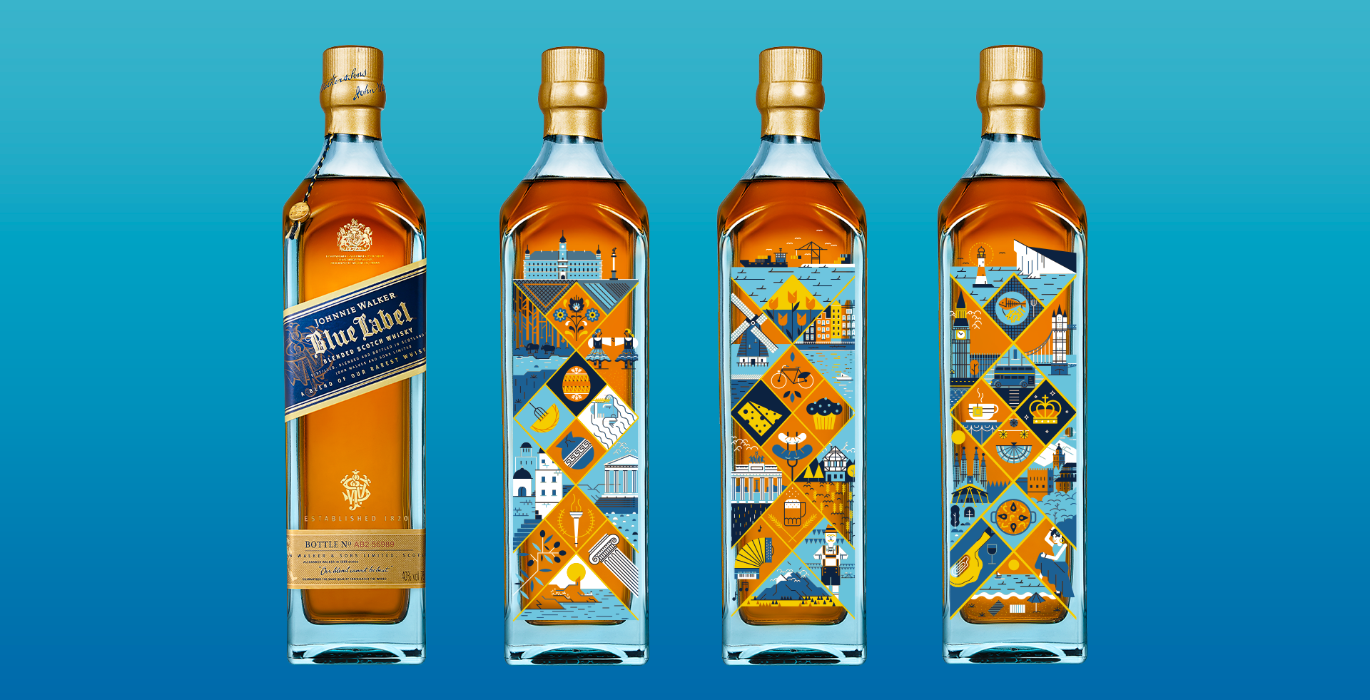 Whisky packaging illustration concept for Johnnie Walker Blue Label special European edition