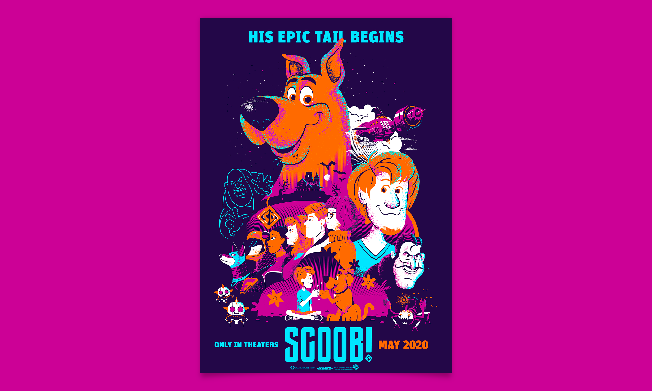 Alternative illustrated poster for Scoob! (2020), featuring a classic character head composition in a colorful and narrative style.