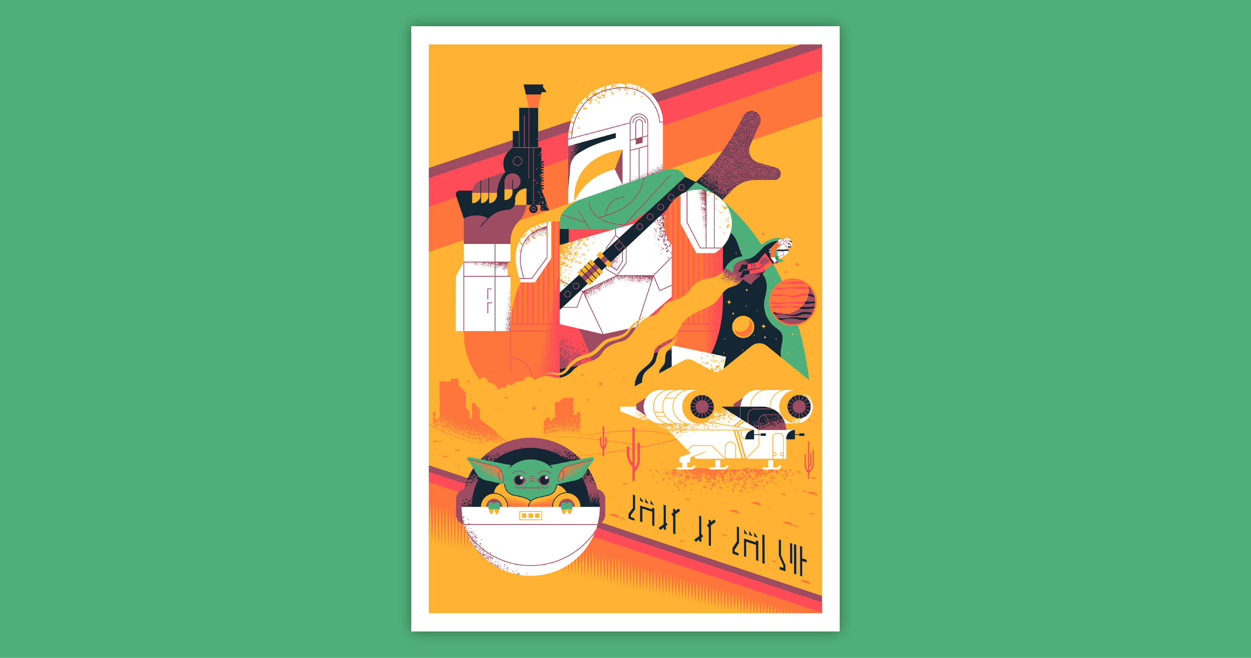 Ilustración colorida con elementos de ciencia ficción y cultura pop, incluyendo un personaje con armadura, un robot, un cangrejo, un vehículo de exploración y un planeta, en un fondo de desierto y cactus.