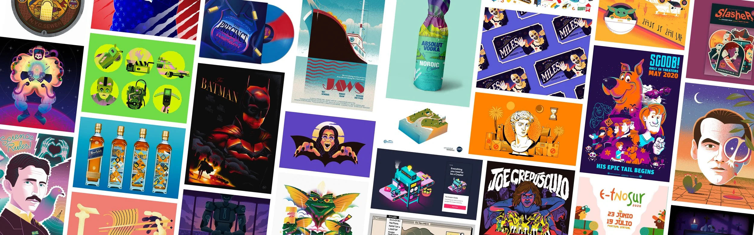 Colección de múltiples carteles y diseños artísticos con temas diversos, incluyendo películas como 'Jaws' y 'Batman', personajes de cómic, anuncios y arte digital colorido.