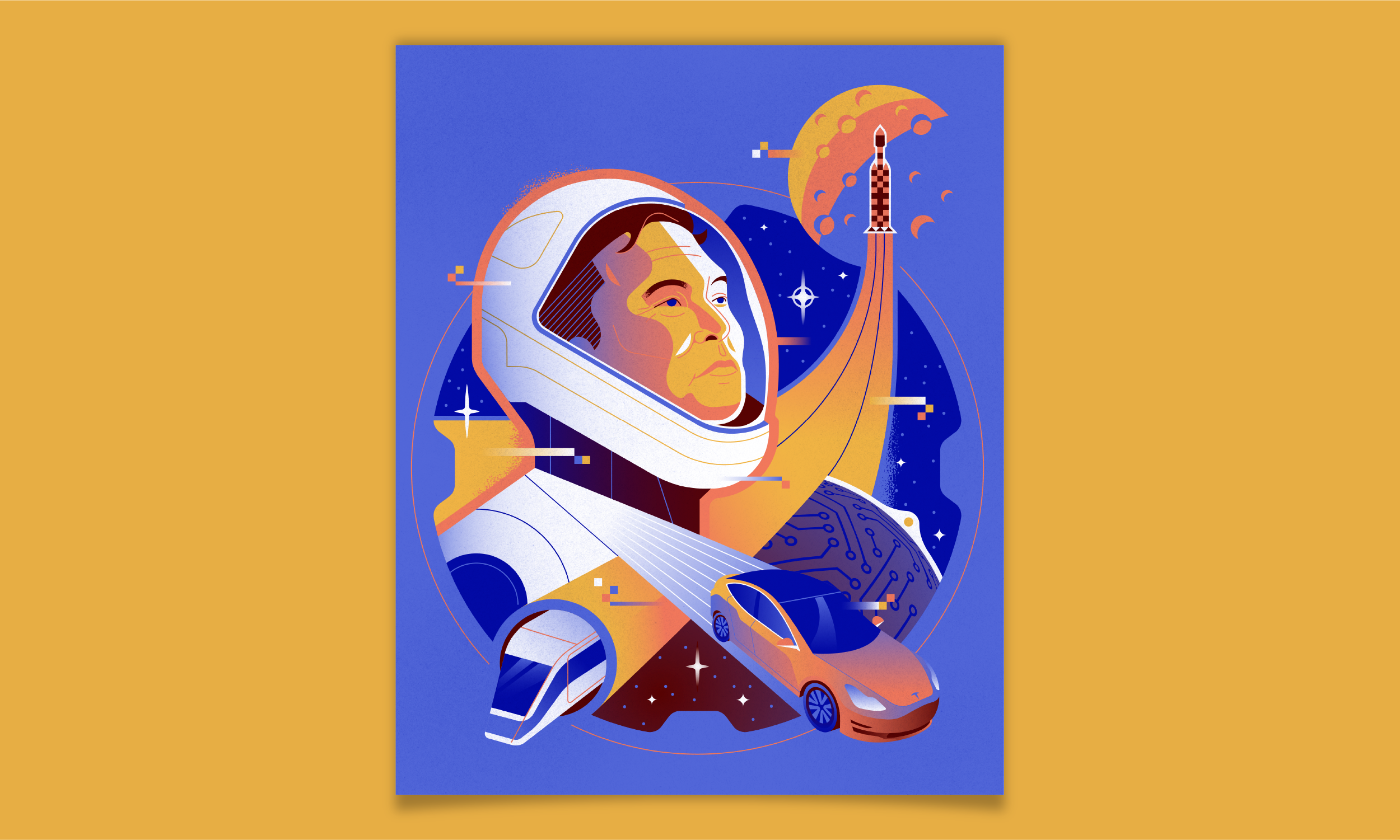 Editorial illustration of Elon Musk with futuristic elements of SpaceX, Tesla and Hyperloop, conceptual design about innovation and mobility