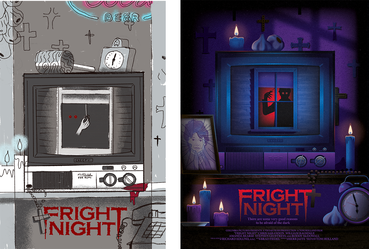 sketch poster of Fright Night (1985) movie for Dark in the Shadows 2, horror film artwork.