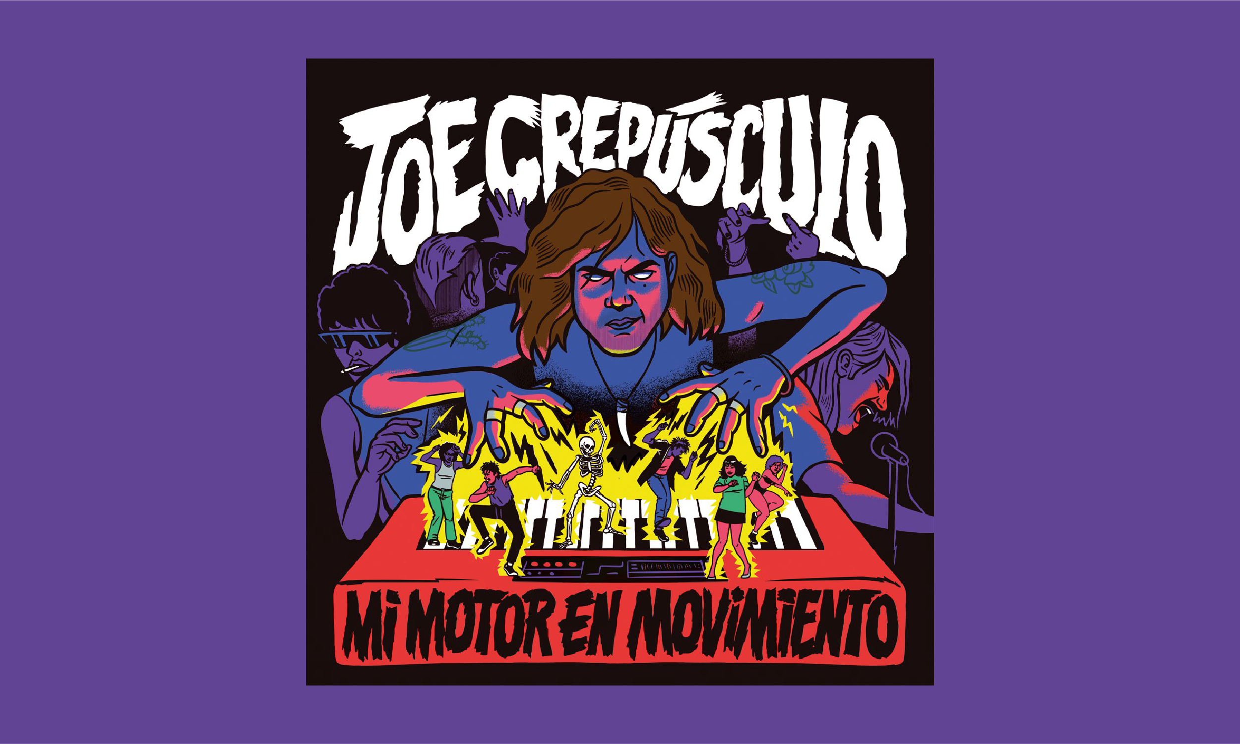 Ilustración y diseño gráfico del EP Mi Motor en Movimiento de Joe Crepúsculo, arte musical alternativo